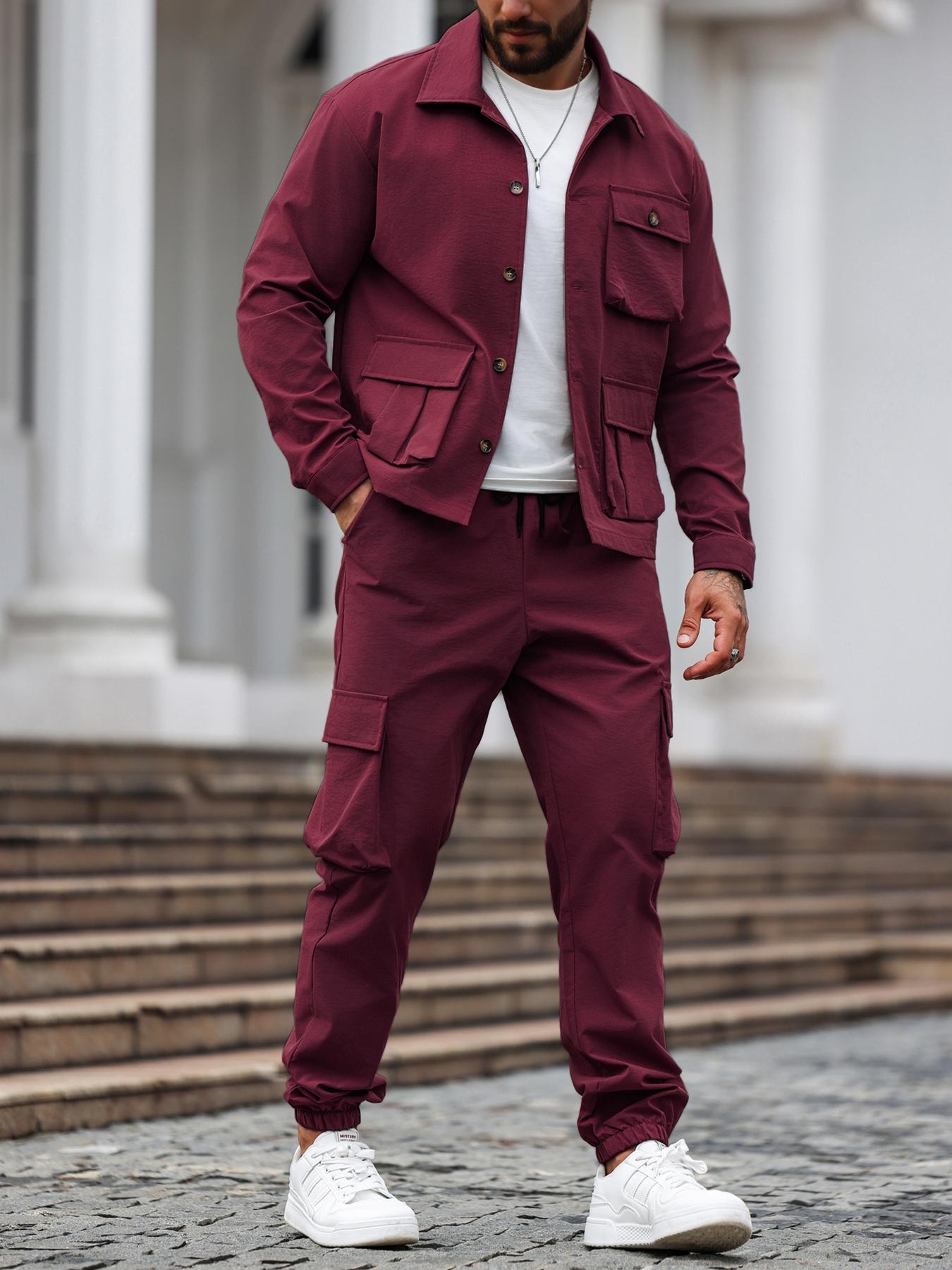 Men's Solid Color Pocket Button Front Shirt & Pants Two-Piece Set, Casual Lounge Set, Casual Long Sleeve Collar Top & Trousers Set, Men's Spring & Fall Clothes