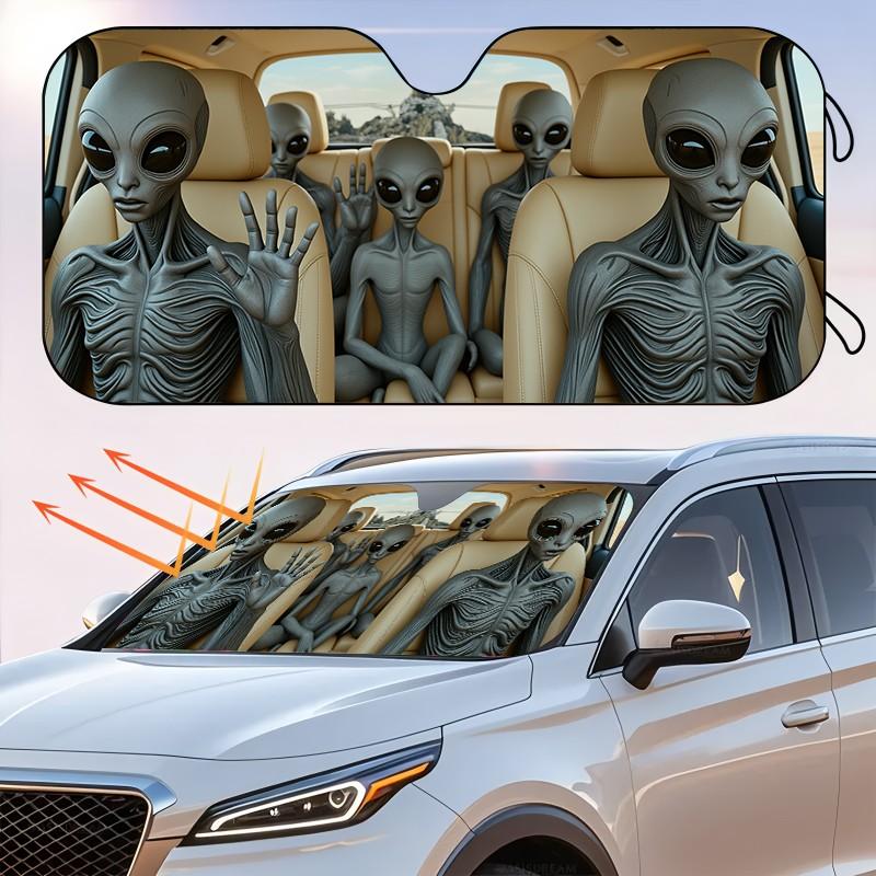 Funny Alien Crew Car Windshield Sunshade with 2 Suction Cups, Universal Fit Front Window Sun Shade, Blocks UV Rays & Keeps Car Cool, Novelty Auto Sun Protector