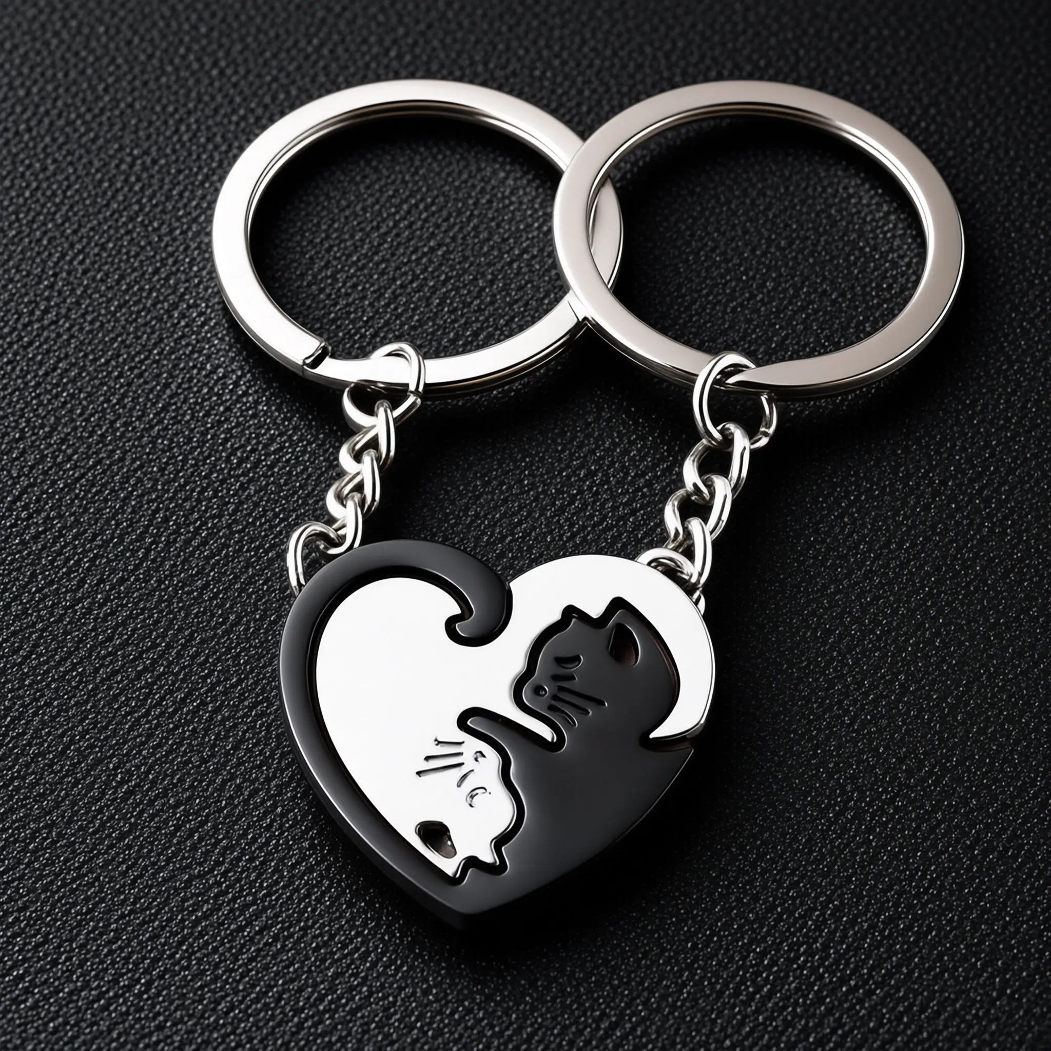 Matching Cat Heart Keychain Set, 2Pcs Black White Cats Split Heart Stainless Steel Key Ring, Puzzle Kitten Couple Keychains, Cute Cat Lover Matching Gift for Girlfriend Boyfriend Best Friend