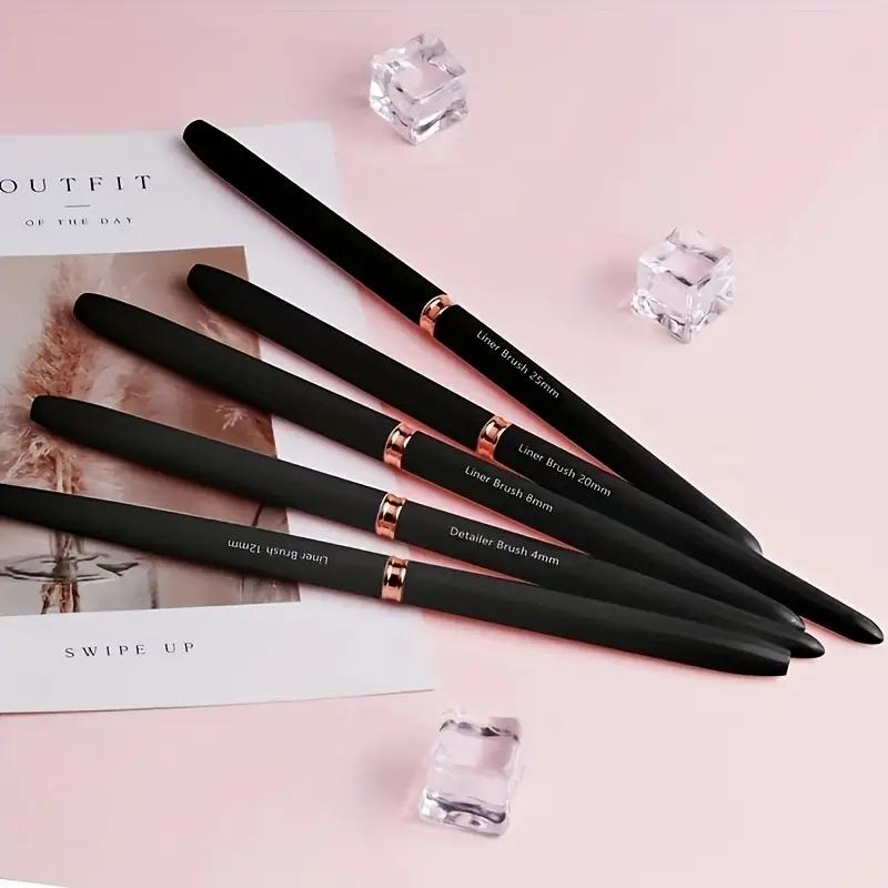 5 Nail Art Brushes Set, Manicure Brush, Metal Pen Holders, Detail Striped Brushes, Fine Line Pens, Floral Painting Tools, UV Gel Polish, 4-25mm