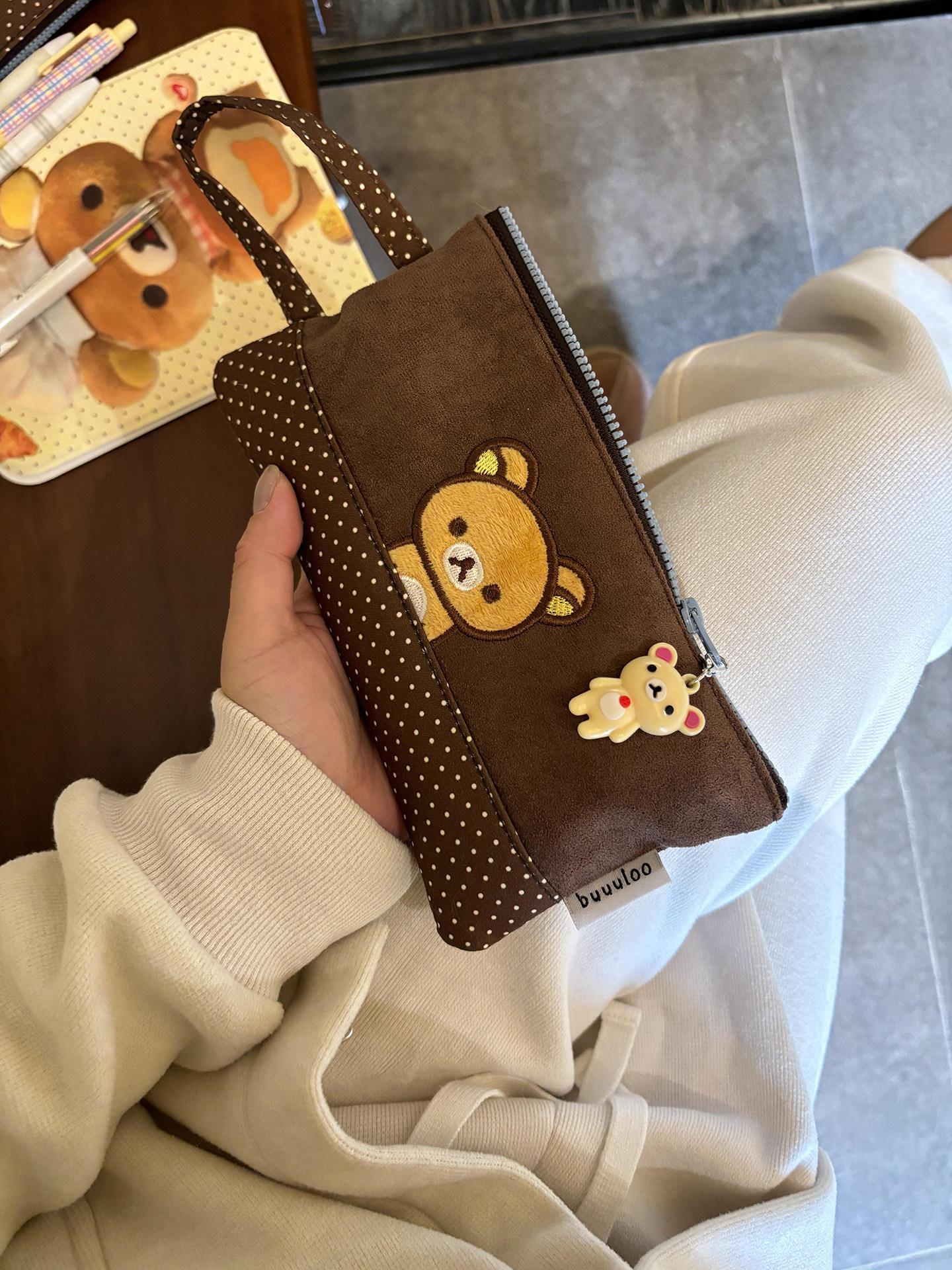 Buuuloo Original Embroidered Rilakkuma Pencil Case Large Capacity Polka Dot Ins Style Kawaii For Teen Girls High School Students