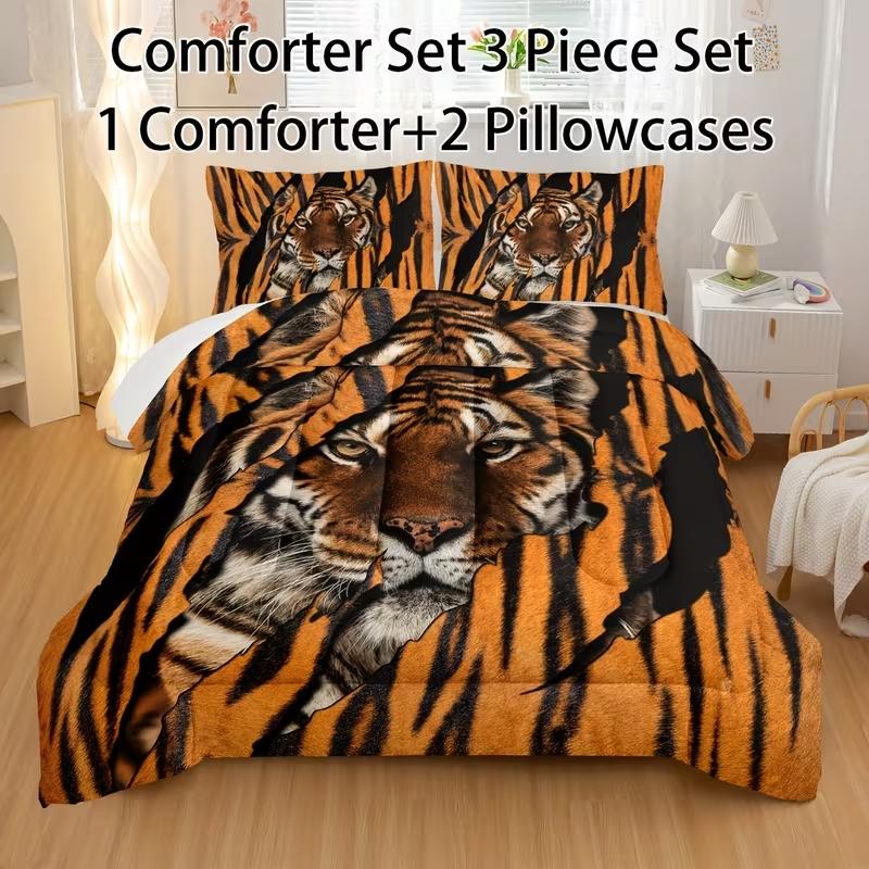 3-Piece Bedding Set, Soft Tiger Fur Quilted Comforter, Lightweight All-Season Animal Bedding, Includes 1 Quilt and 2 Pillowcases