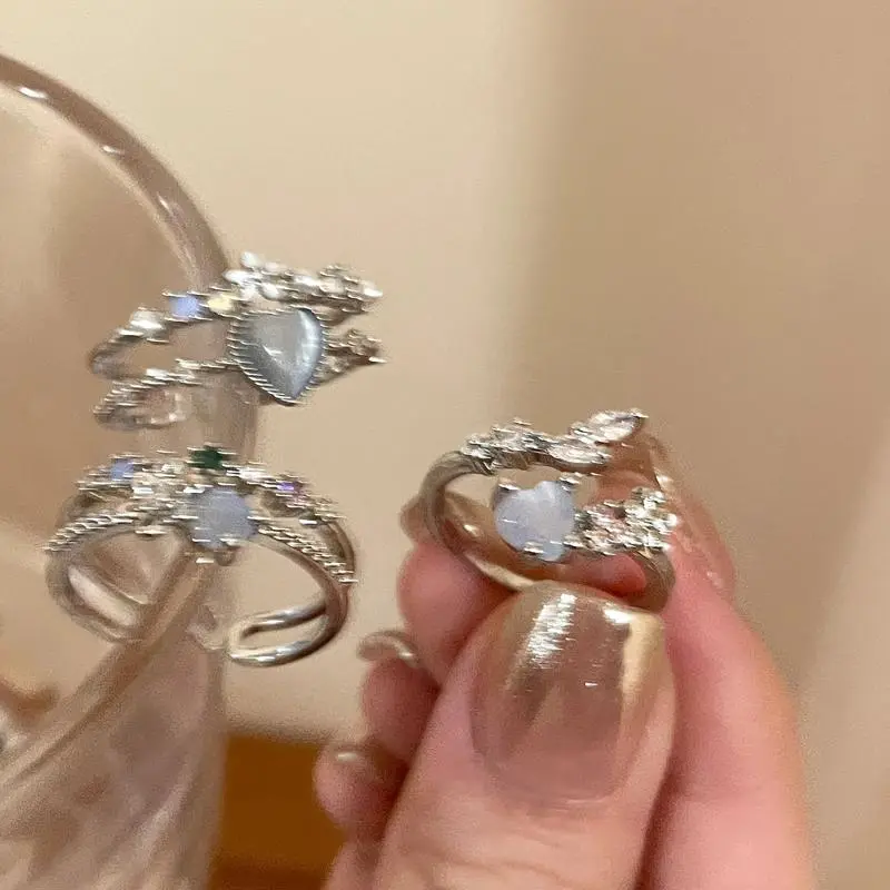 New Y2K Crystal Rings Kpop Heart Adjustable Ring Irregular Geometry Punk Vintage Rings Set for Women Girls 2025 Fashion Jewelry