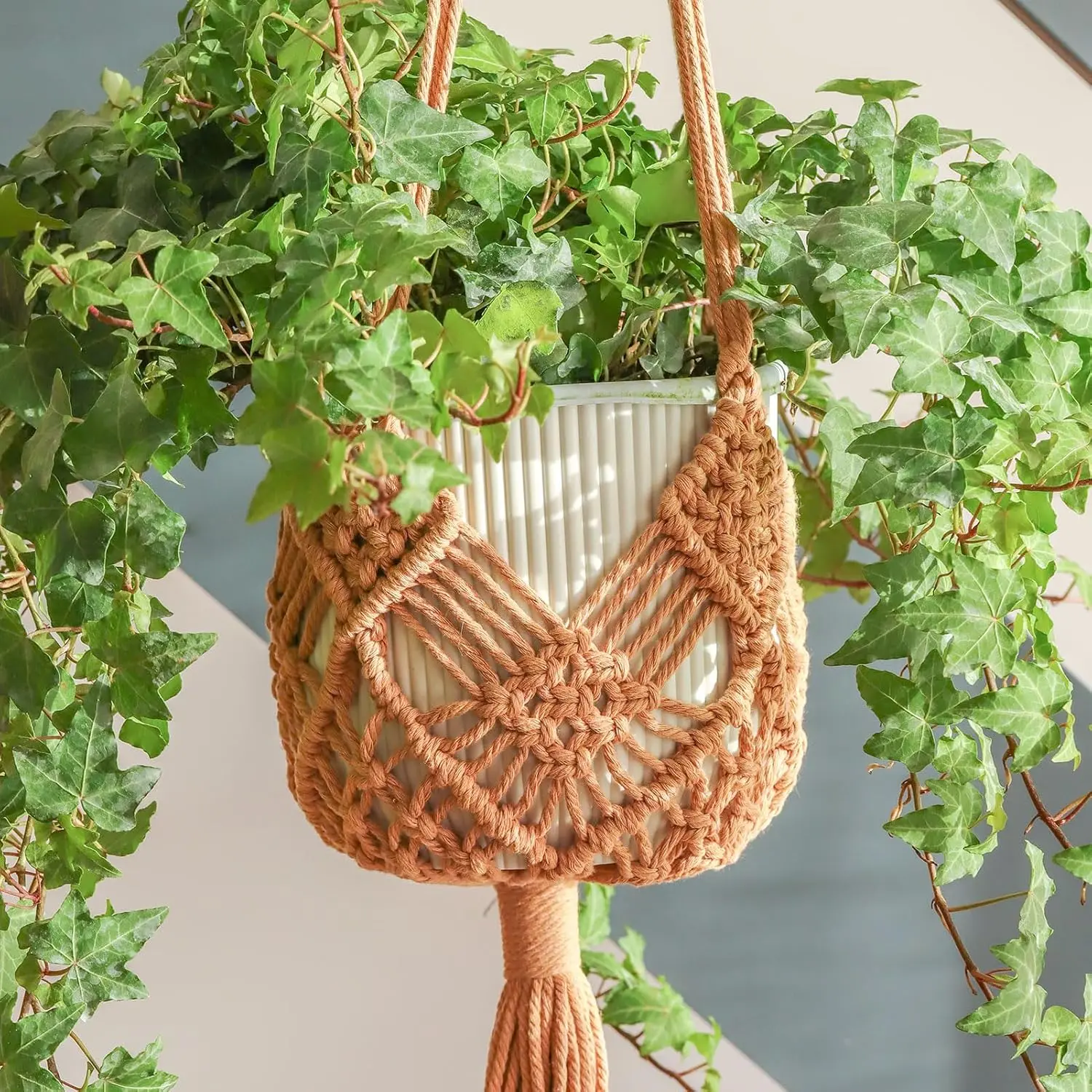 Planter with Patterns,2Packs Macrame  Hangers Indoor Macrame for up to 8 inch Pot Crochet Boho  Hanger Holder for Indoor Outdoor with 2S Shaped Stainless Steel Hooks (Caramel)