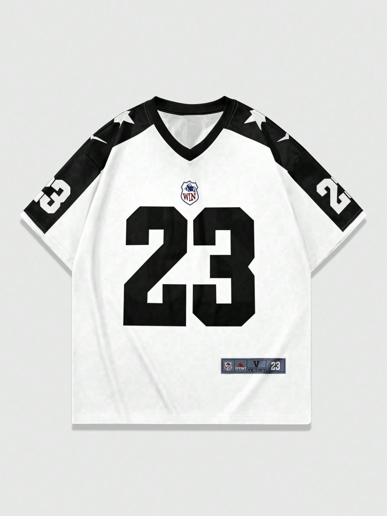 1pc Men's Oversized V-Neck Football Jersey Retro Star Graphic Print Streetwear Black & White Number 23 Sporty Top for Summer Outfits