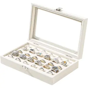 Ring Display Case,Jewelry Ring Organizer Box For Rings,Ring And Earring Holder Box For Girl,Velvet Ring Display Tray (Beige, 30 slots), QF010Gift.