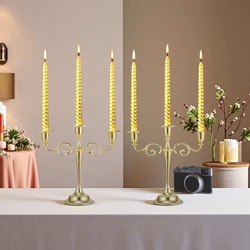 three-head gold candlestick, metal candlestick, gothic candlestick, vintage candlestick, suitable for weddings, churches, Halloween, Christmas, formal events, hotel living room and western restaurant table decoration.