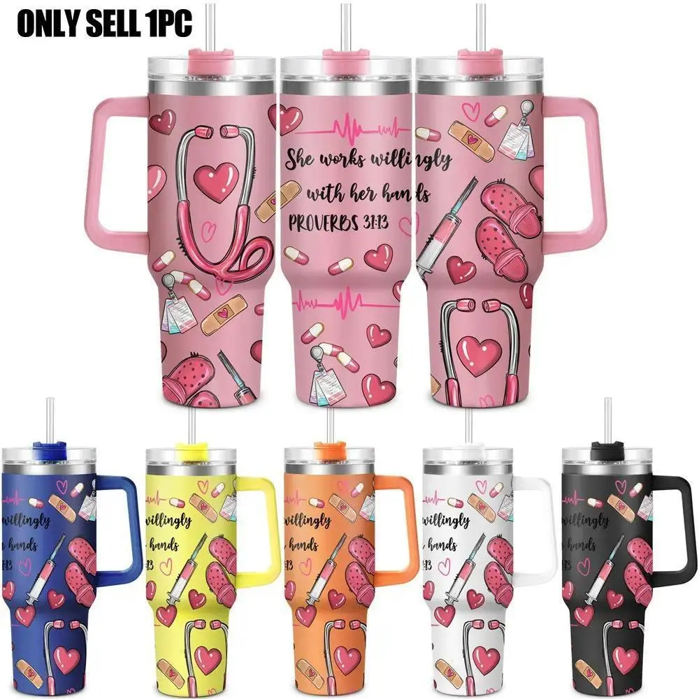 Nurse Pattern 40oz Insulated Coffee Tumbler with Lid, 1 Count Stainless Steel Water Bottle, Drinking Cup for Home Office School, Gift for Nurse, Birthday Gift, Drinkware, Drinkware Vacuum Flask