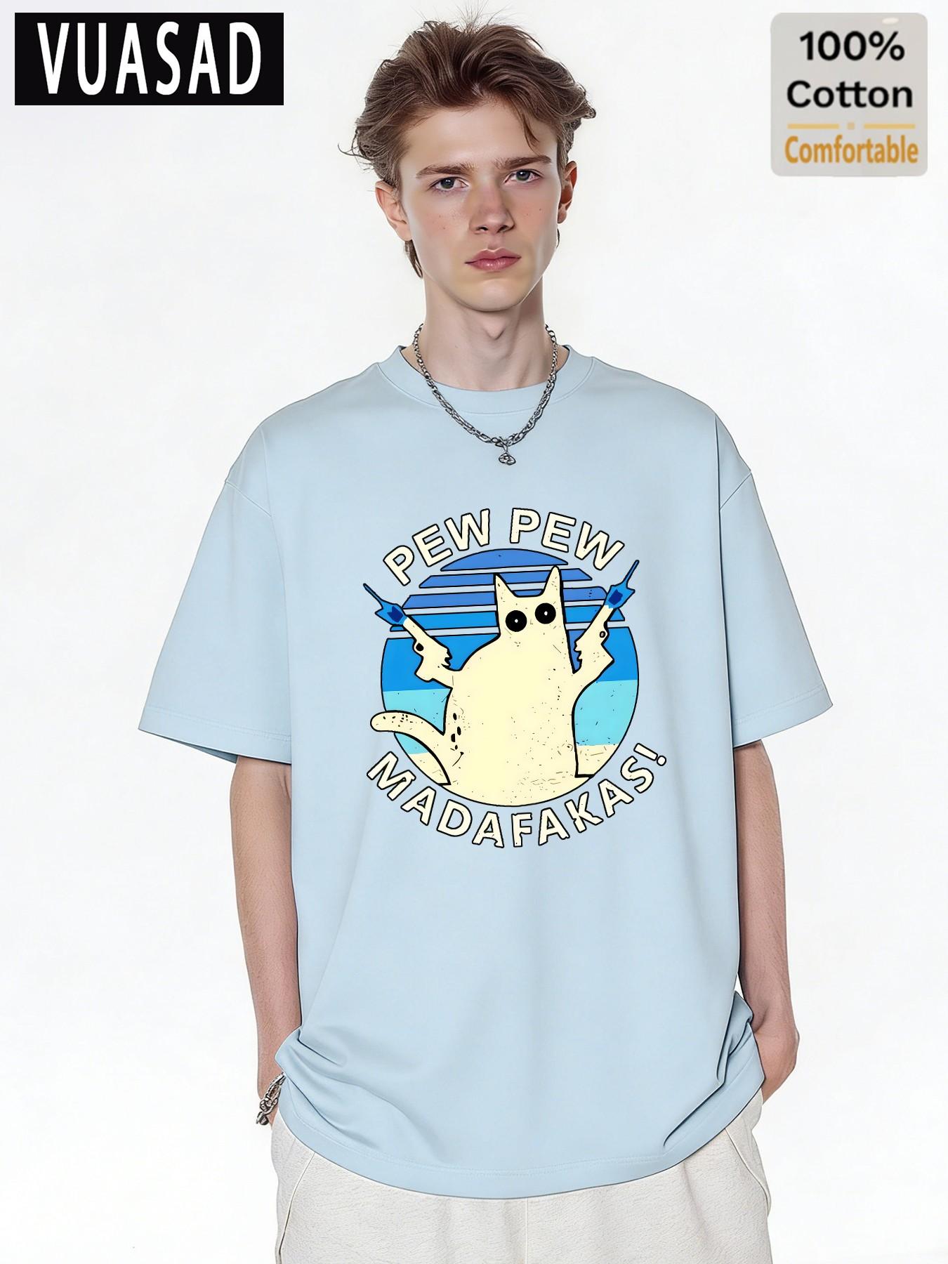 Vuasad Men's 100% Cotton Short Sleeve T-Shirt, Cute Cat Dog Print, Loose Fit, Casual Style, Long Sleeve, Trendy Fashion