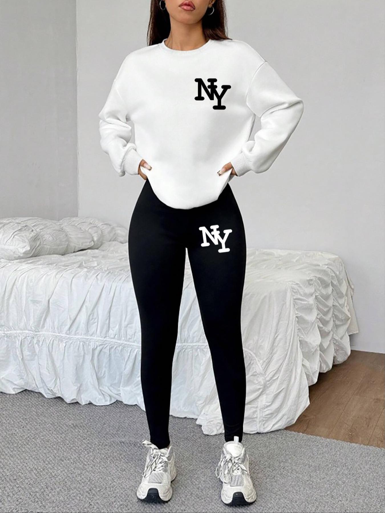 Women's 2-Piece Sweatshirt Set, Ny Letter Print, Round Neck Long Sleeve, Long Pants, Casual Fall Winter, Fitted Style Women's 2-Piece Sweatshirt Set, Ny Letter Print, Round Neck Long Sleeve, Long Pants, Casual Fall Winter, Fitted Style
