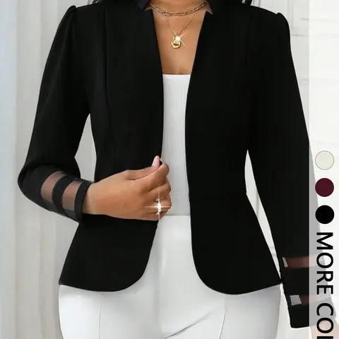Elegant Women's Open Front Blazer Jacket with Puff Sleeves, Sheer Panel Cuffs, Tailored Fit Dressy Office Workwear Outerwear Classic Blazer for Business Casual Party Looks