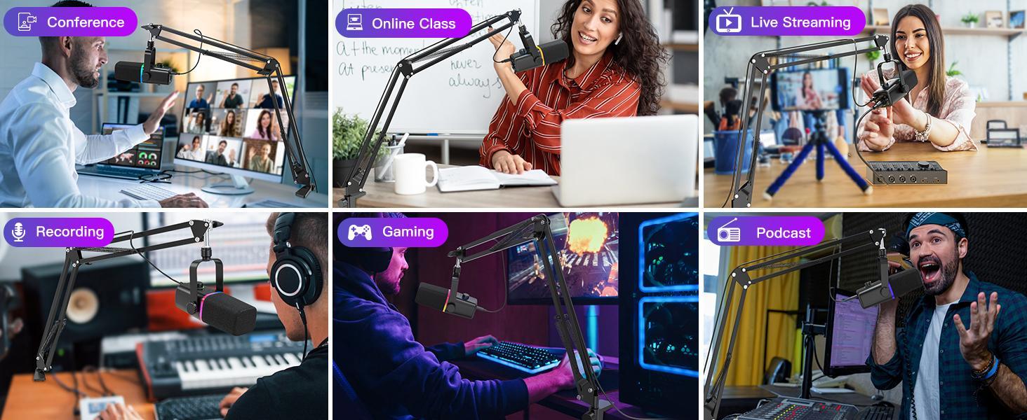 ZealSound XLR/USB Dynamic Microphone with Boom arm stand for Gaming Podcasting,Mic for iPhone Phone PC Computer laptop mixer sound card, live Streaming Mic with RGB Light,Mute Button,Mic Gain,Headphones Jack, Stand, Singing YouTube Smartphone Recording