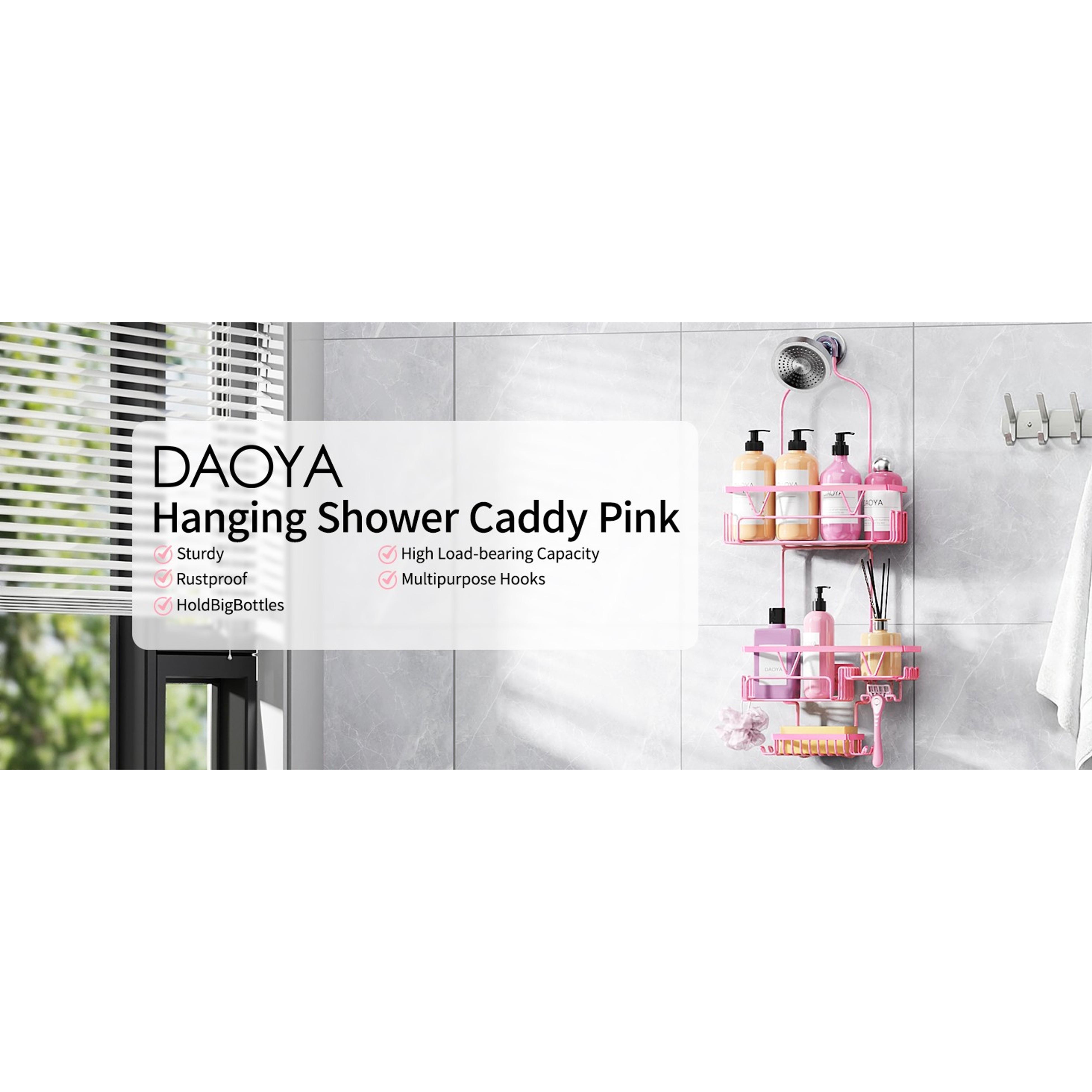 Pink Stainless Steel Hollow Hanging Shower Caddy Over Shower Head - Anti-Swing Bathroom Organizer, 2 Soap Holders, Multi Hooks, Rustproof Indoor Bathroom Accessory