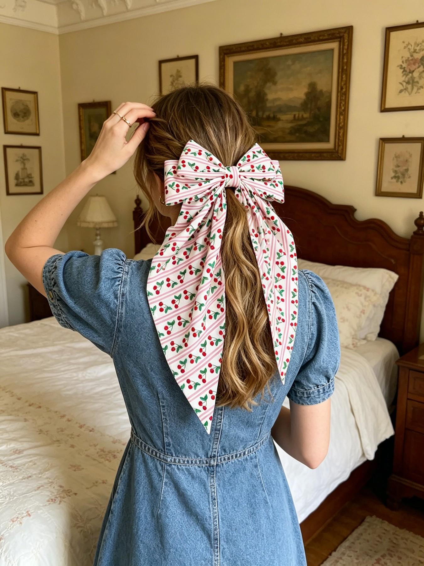 4pcs Women's Cherry Bow Hair Clips, Spring Clips, Fruit Pattern Print, Cute Style, High Elasticity, Non-Slip, Daily Wear, Photo Props