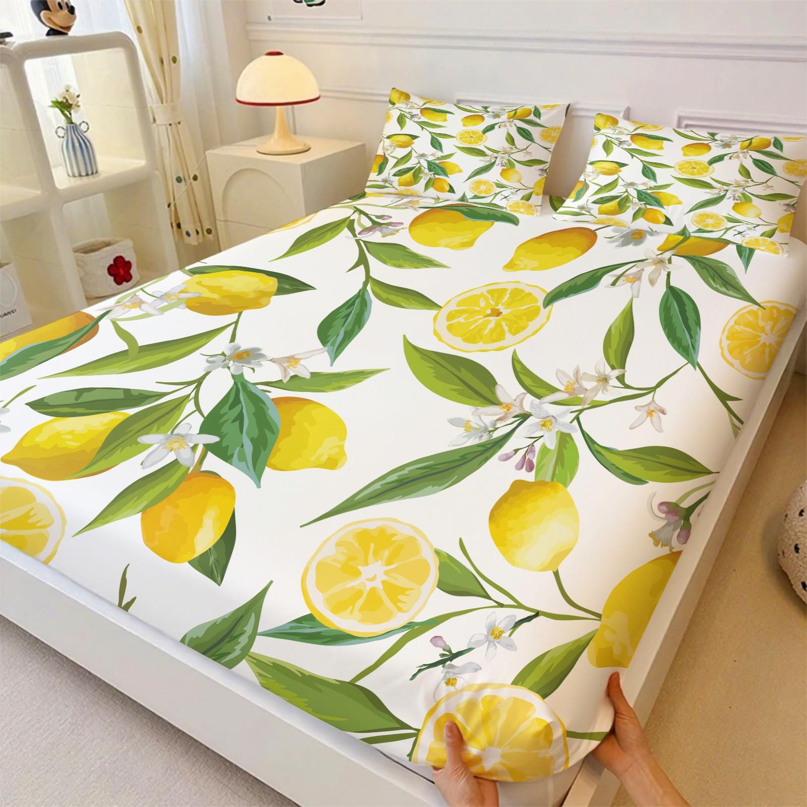 3pcs Watercolor Lemon Fitted Sheet Set, Fresh Fruit Bed Sheet Set, Soft Microfiber Bedding Set (No Fillers), Summer Citrus Mattress Cover for Girls Bedroom & Guest Room