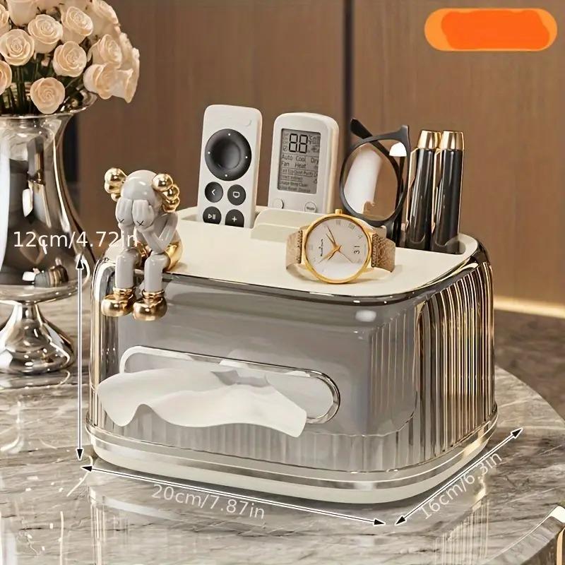Transparent Desk Tissue Box Dispenser Bin with 4 Storage Functions, Paper Towel Holder, Drawer, Remote Control Storage, Modern Home Office Accessories, Bathroom Organizer