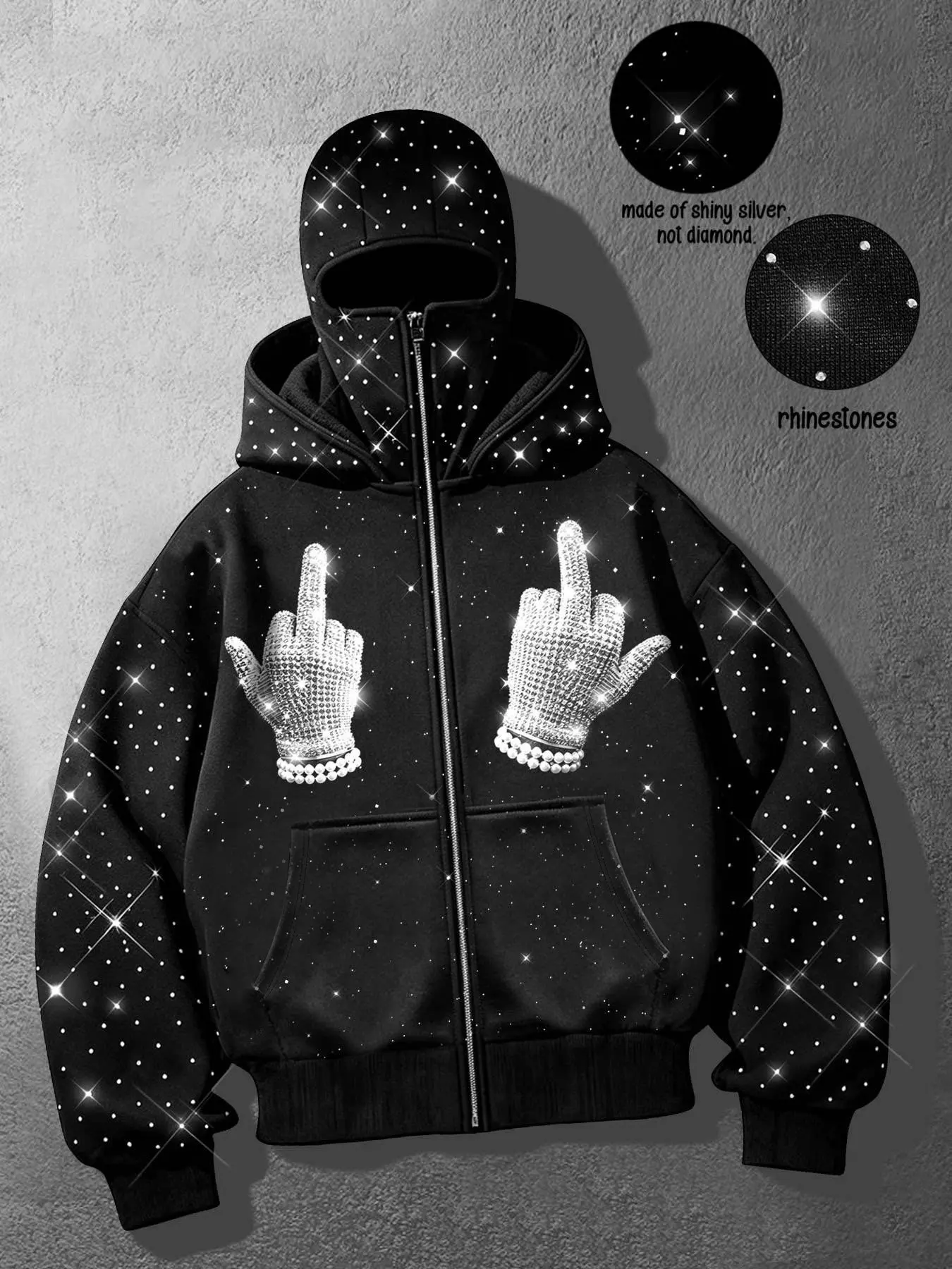 Y2K Hip-Hop Techwear Men's Double-Hooded Zip-Up Jacket – Featuring an all-over silver rhinestone "starlight" motif and diamond-glove graphic; designed with a distinctive double-hood, loose fit, and trendy streetwear style suitable for couples.