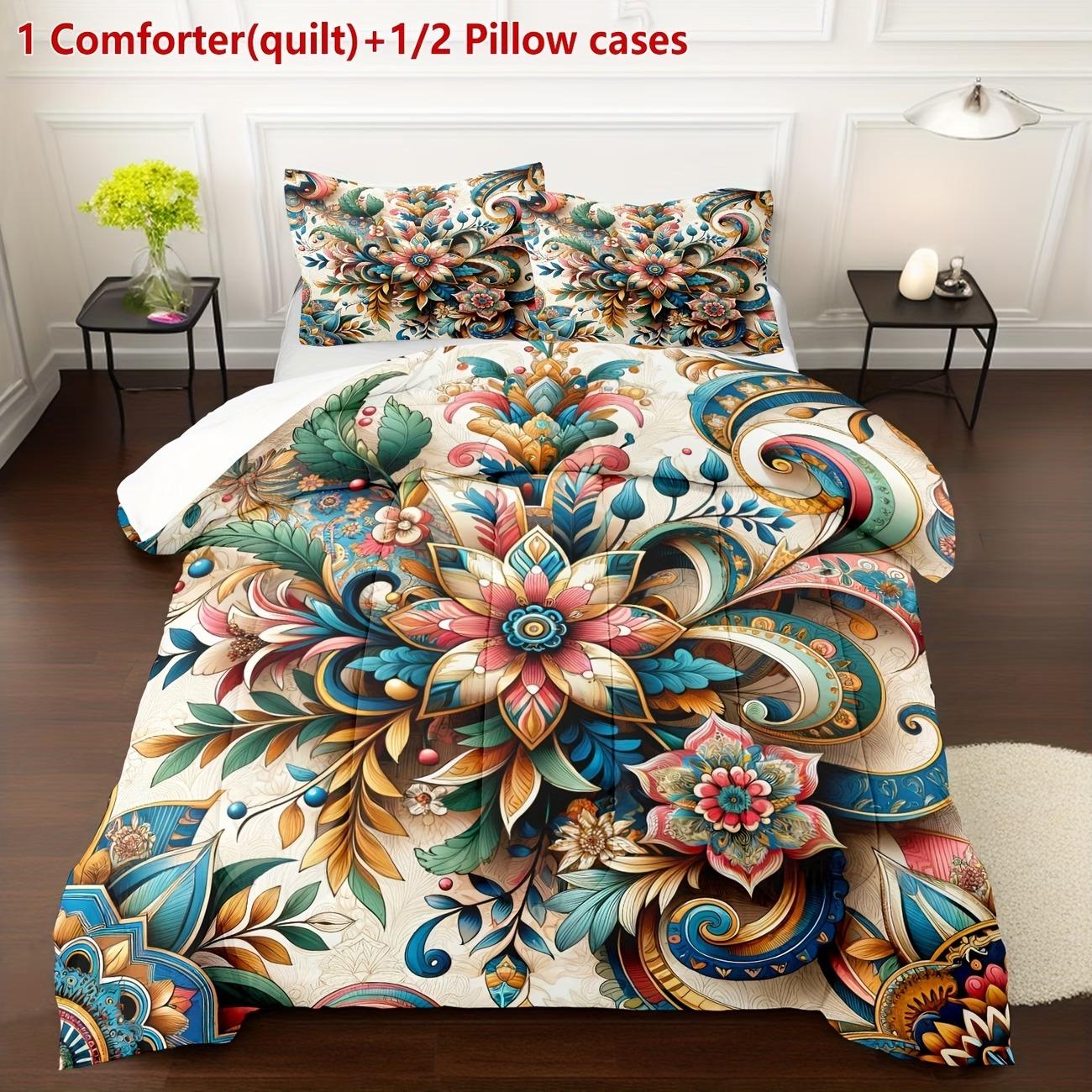 Boho Mandala Floral Print Bedding Set, Soft Breathable Comfort, 3-Piece Suite for Bedroom & Guest Room Decor, Includes 1 Duvet + 2 Pillowcases