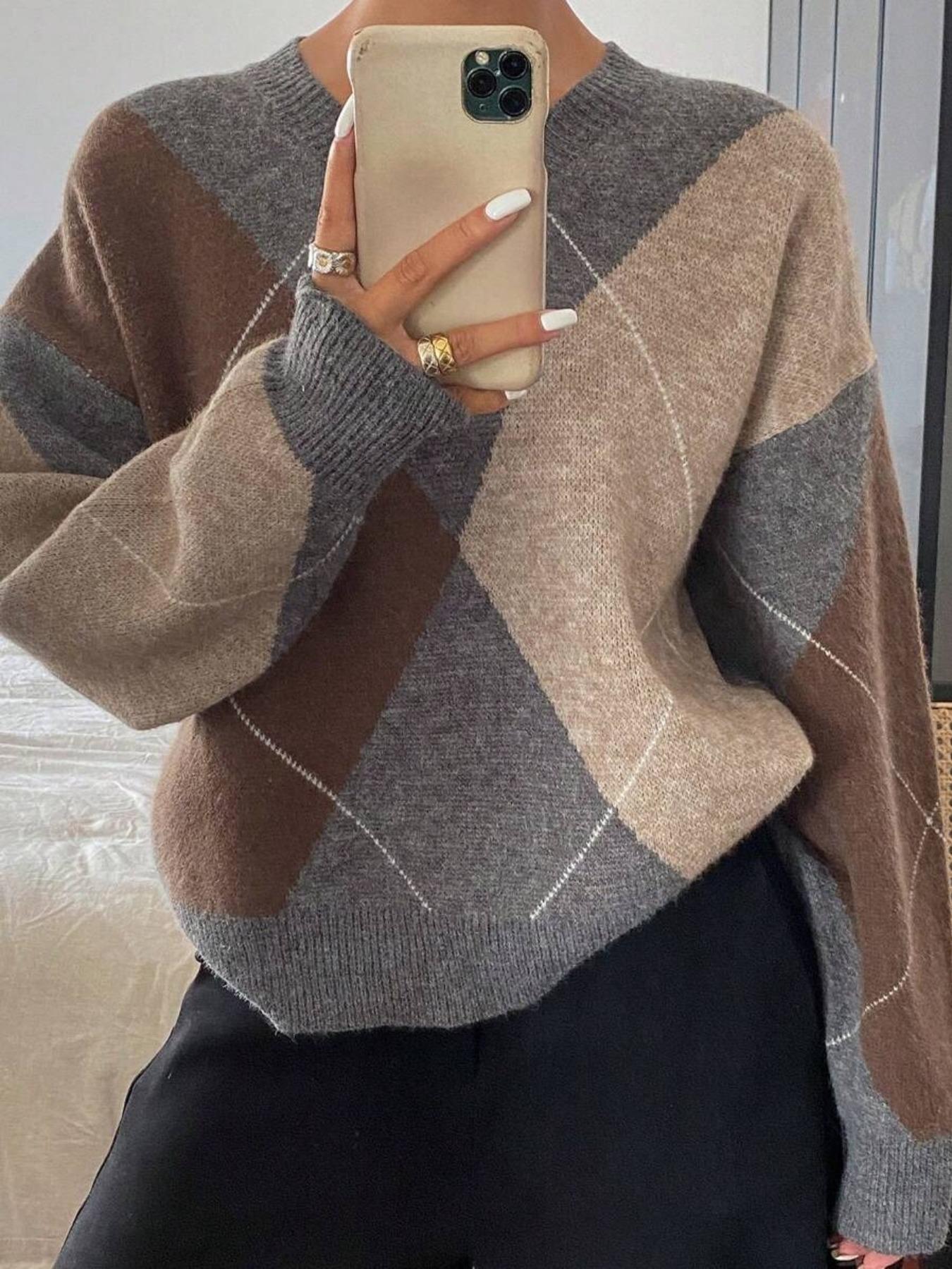 Women's Plaid V Neck Long Sleeve Pullover Sweater, Autumn Winter Loose-Fit Colorblock Casual Fashion Cozy Knit Top, Knitwear