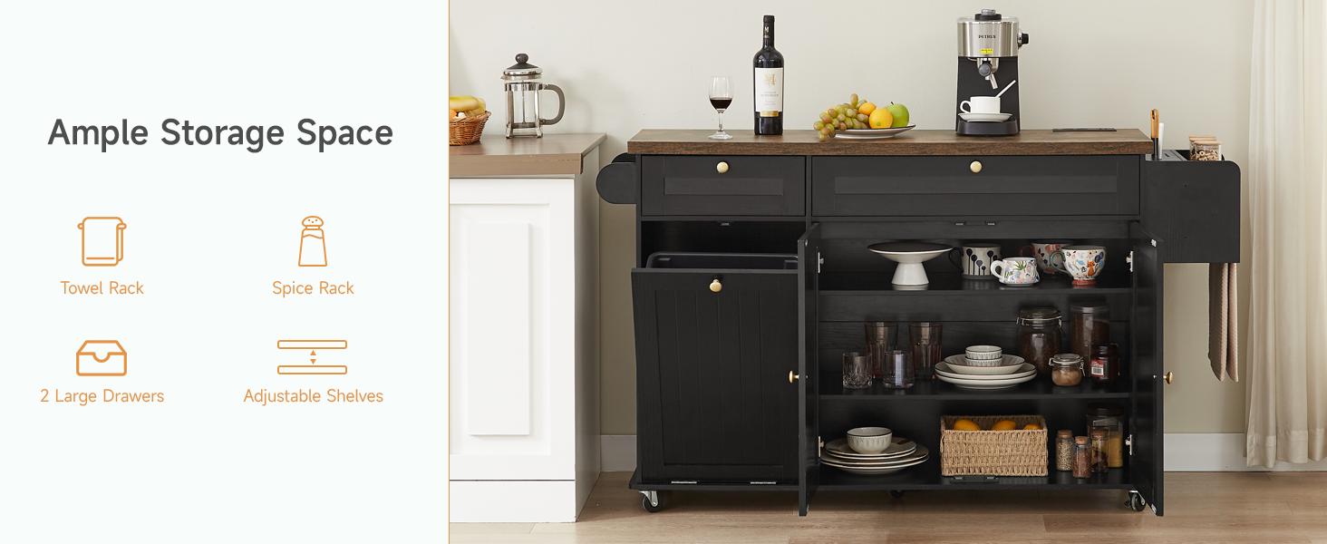 【BackToSchool】ONBRILL 60" Kitchen Island with Power Outlet & Drop Leaf, Kitchen Rolling Island with Spice Rack & Towel Rack, Knife Holder, Kitchen Island Cart with Trash Storage Cabinet, Mobile Island Table for Kitchen