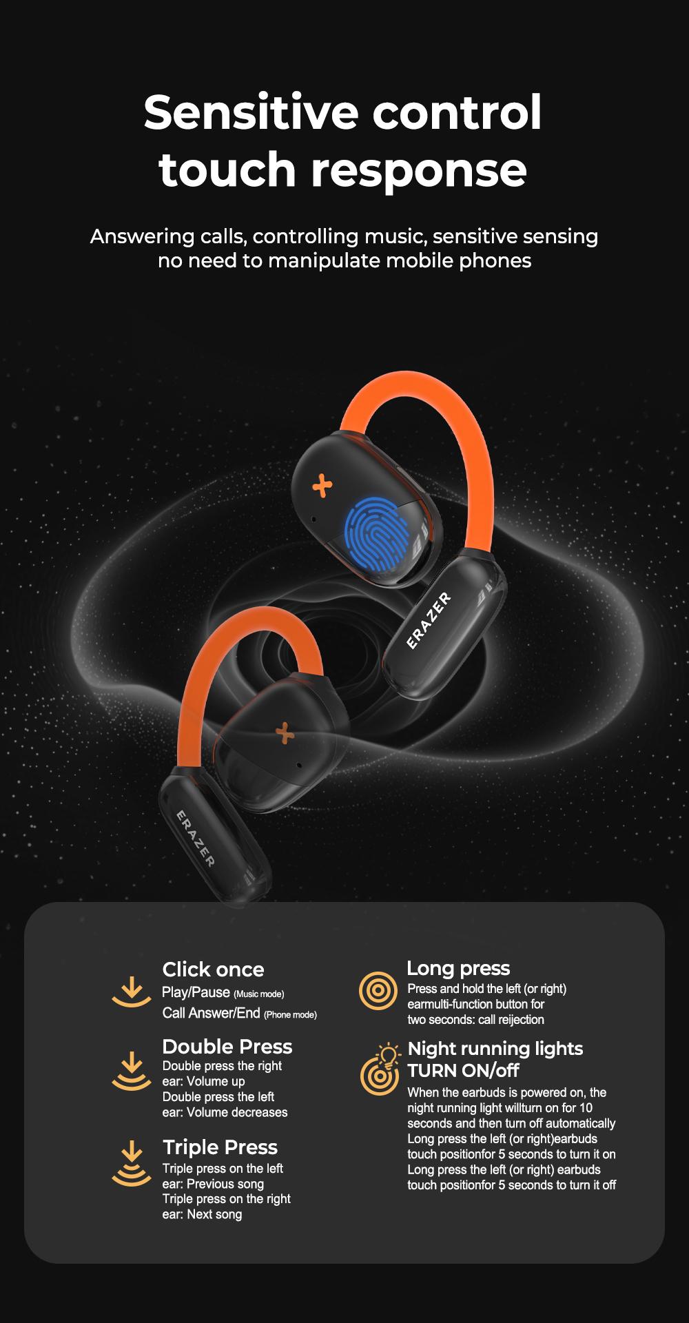 ERAZER XF33 OWS Wireless Bluetooth 5.4 Earphones Luminous Headphones HIFI Sound Quality Music Full Color Display Touch Screen Gaming Headsets Built-in Mic Earbuds Compatible with Phone Computer