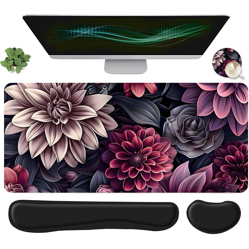 4pcs Dark Toned Floral Design Mouse Pad + Keyboard Wrist Rest + Ergonomic Mouse Pad + Coaster Set For Desktop Decoration, Desktop Accessory, Office Accessories Set Ergonomic Wrist Support, Computer Mat Mouse Pad Coaster Mousepad For Home Office Gaming