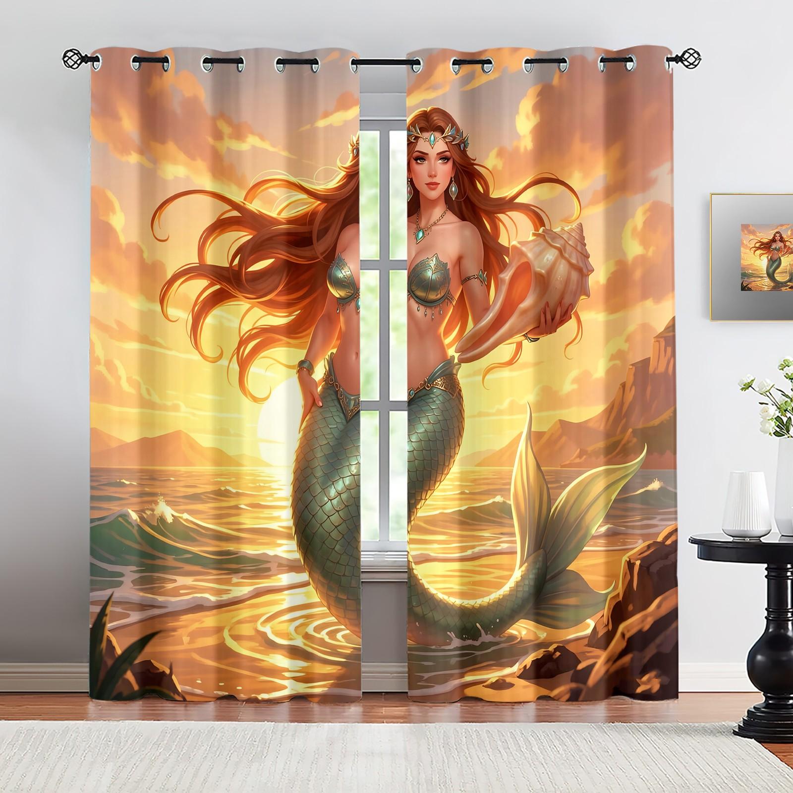 2Pcs Dreamy Ocean Style Blackout Curtains, Sun Protection, Sound Insulation And Easy Care. Ideal for Kids' Rooms And Princess Rooms. Safe, Stylish, And Enhances Artistic And Fairytale Ambiance.