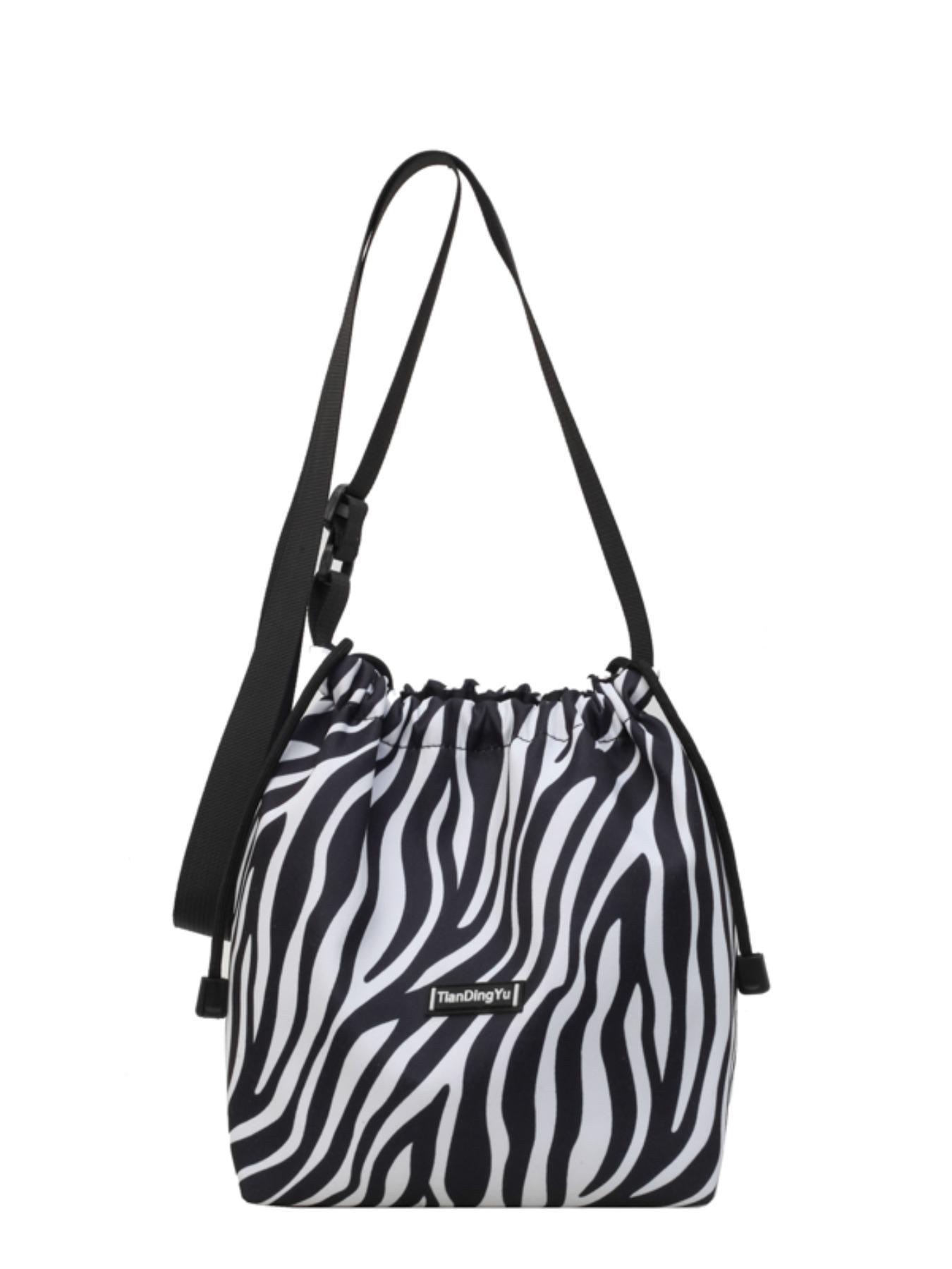 Women's Leopard Print Drawstring Bucket Bag, Lightweight Nylon Crossbody Shoulder Purse, Adjustable Strap, Casual All-Season Handbag