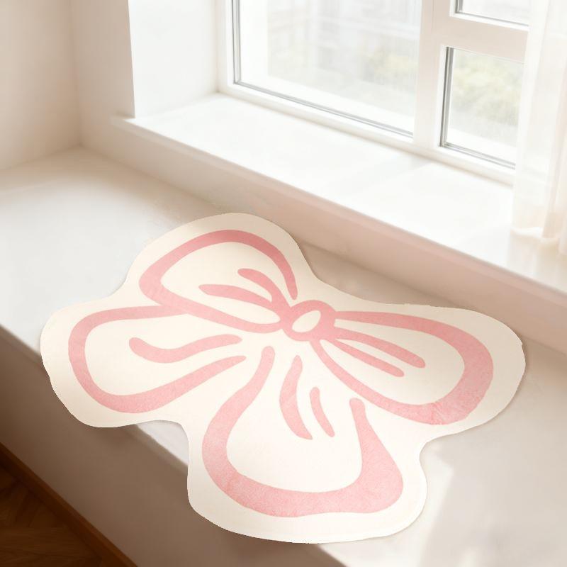 1pc Pink Bow Carpet Korean Style Living Room Carpet Irregular Shape Bedside Plush Carpet Fluffy and Soft Lounge Rug Kawaii Rug Modern Minimalist Bedroom Decoration Carpet Home Thickened Anti-slip Entrance Door Mat