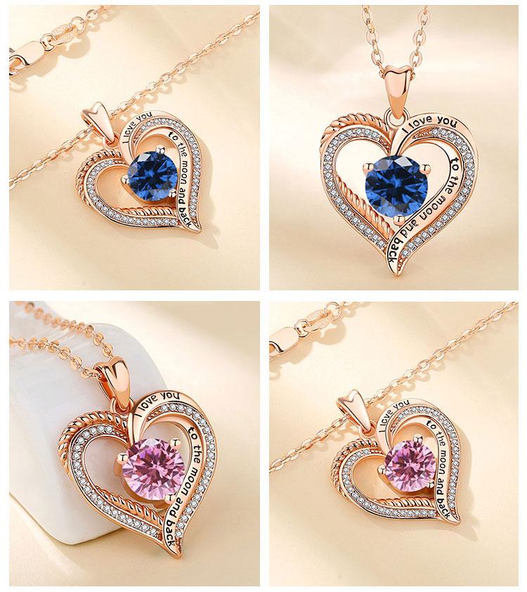 Elegant Birthstone Heart Necklace with Engraved I Love You to the Moon and Back, Rose Gold Heart Pendant, Bridesmaid & Lover Gift Elegant Birthstone Heart Necklace with Engraved I Love You to the Moon and Back, Rose Gold Heart Pendant, Bridesmaid & Lover Gift