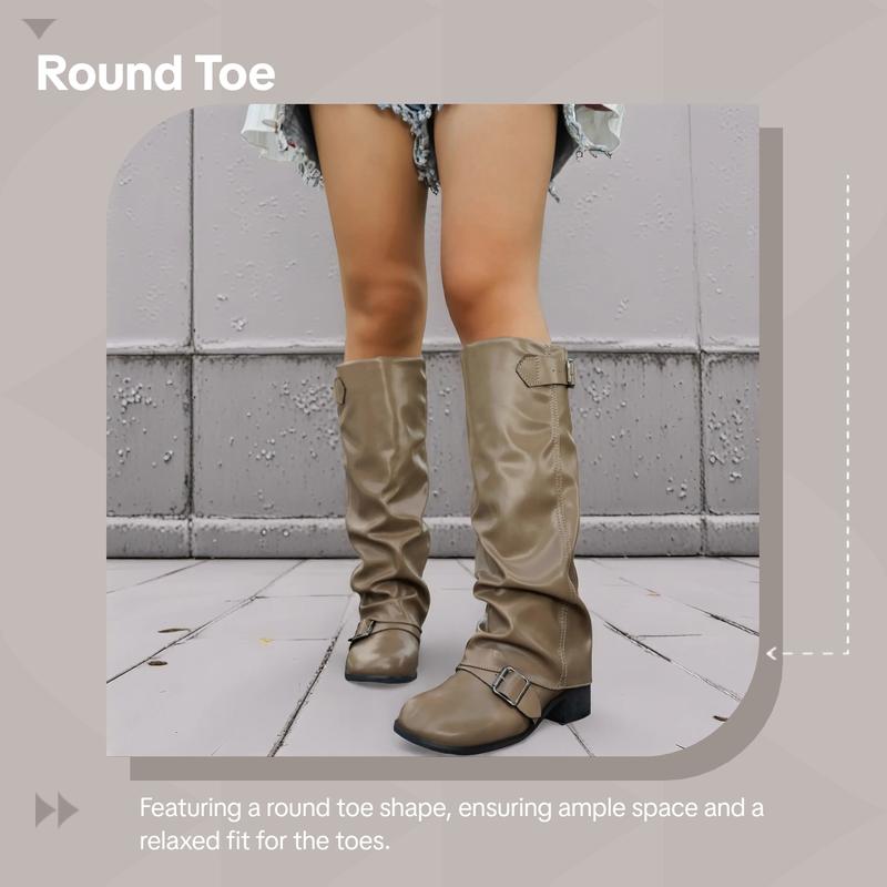 Women's Fashion PU Leather Low Heel Long Boots, Casual Wrinkle Leg Motorcycle Boots, Western Style Biker Boots for Ladies