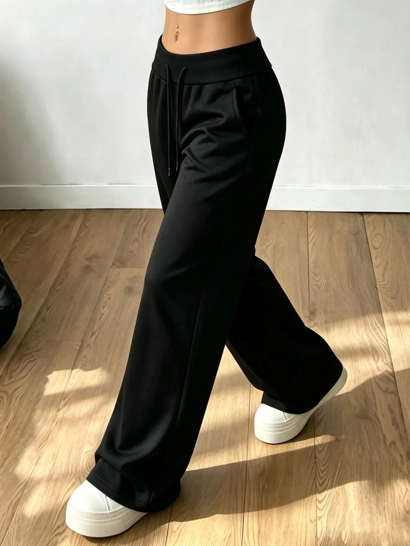 Women's High Waist Drawstring Wide Leg Pants, Loose Fit Sporty Casual Long Pants, Slimming Straight Drop Hem Trousers