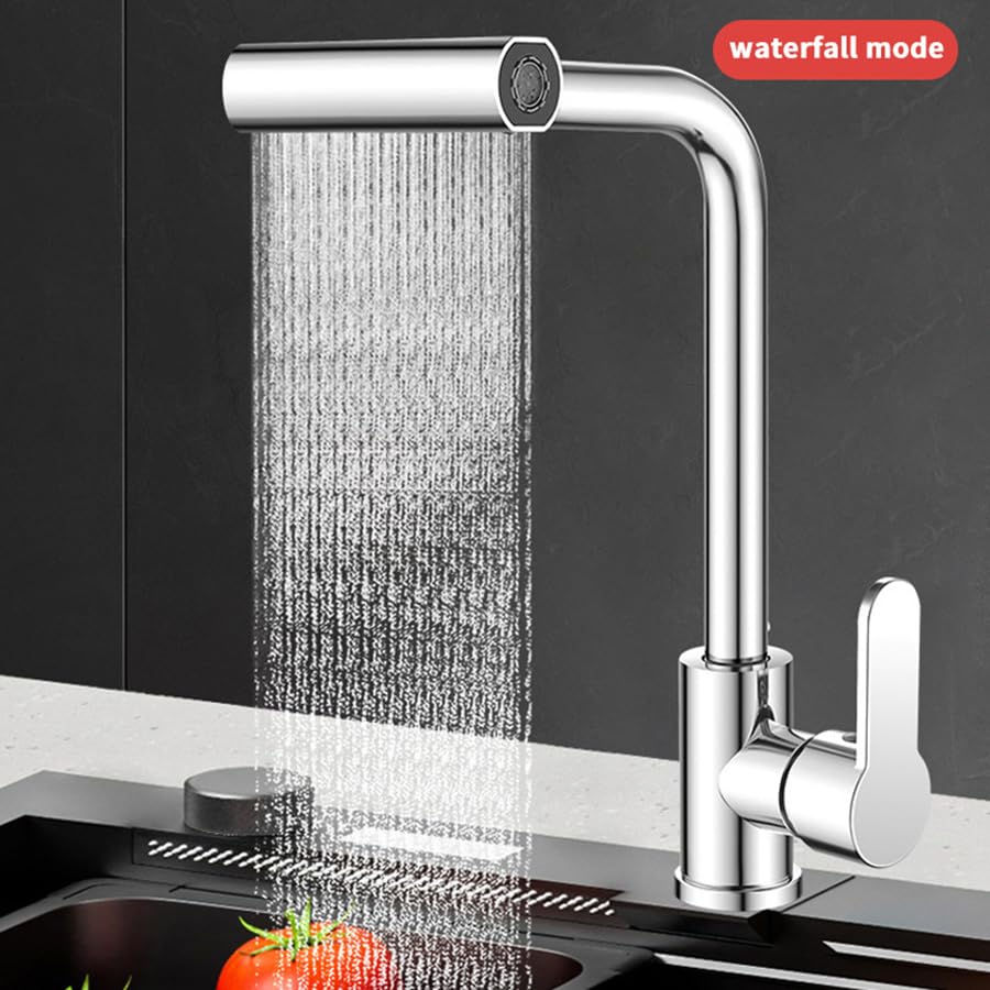 Stainless Steel Kitchen Faucet with Waterfall Function, Multi-Functional Cold Hot Water Tap, Rotating Spray Head, Includes 2 X 60cm Hoses