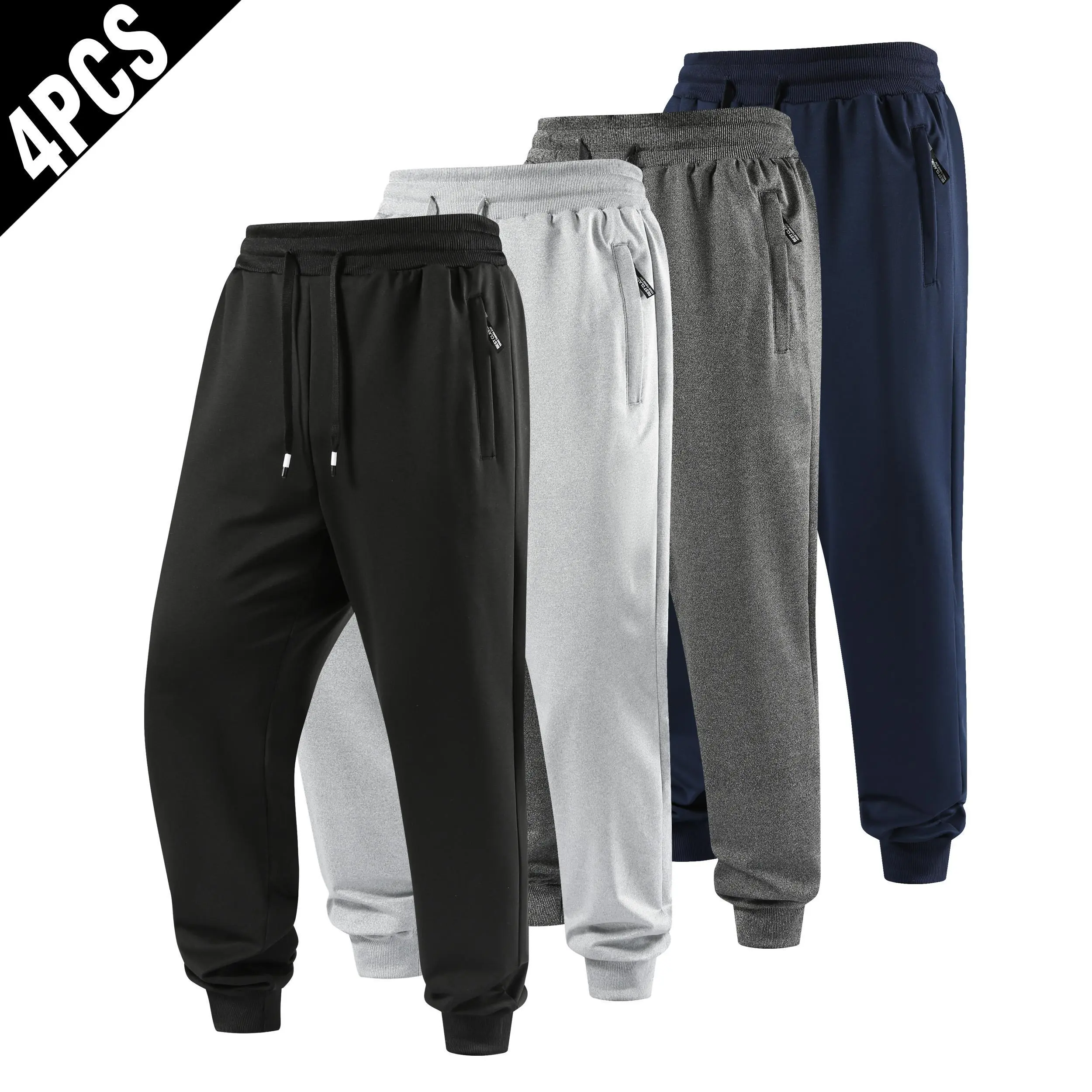 Men's 4-Pack Cuffed Sweatpants, Loose-Fit Soft Fabric Workout Joggers with Drawstring Waist and Tag Zipper Pocket, M, Plain