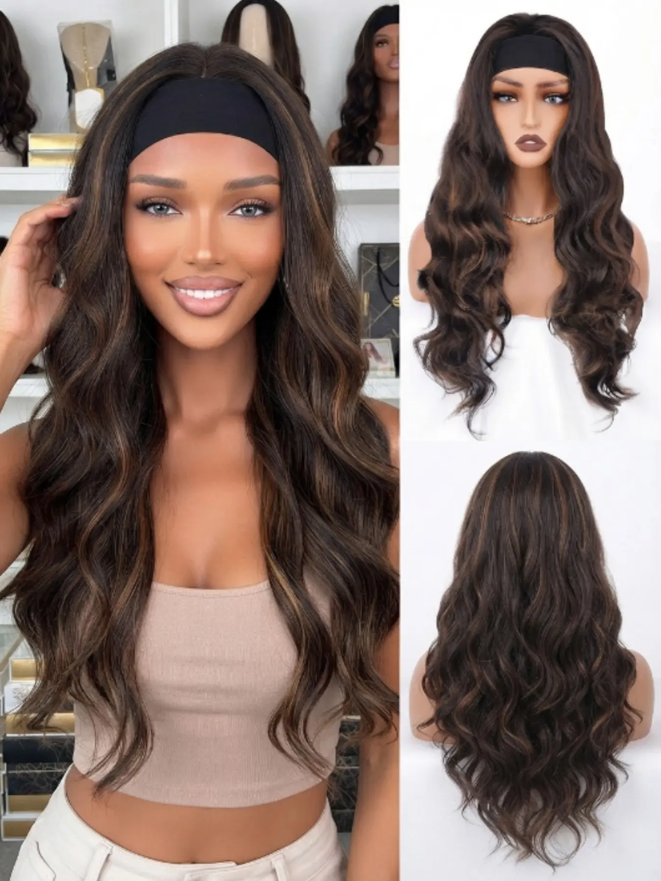 Headband Wig Piano Highlight, Glueless Natural Look, Body Wave for Women, Synthetic Ready-To-Wear, No Glue No Gel, Protects Edges