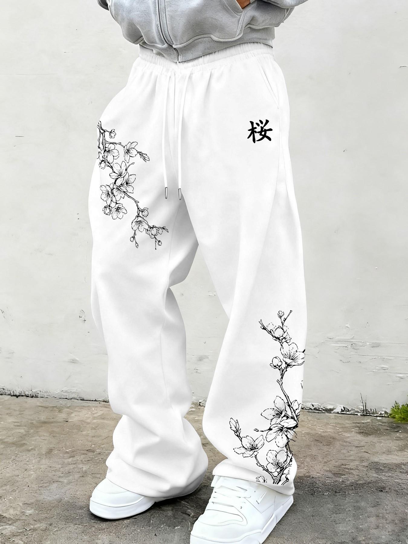 Men's Loose Fit Wide Leg Sweatpants, Cherry Blossom Print Casual Long Pants, Street Style Straight Leg, Athleisure Style Bottoms, Floral Print Sweatpants, Ideal for Daily Wear, Gym, Home, Travel