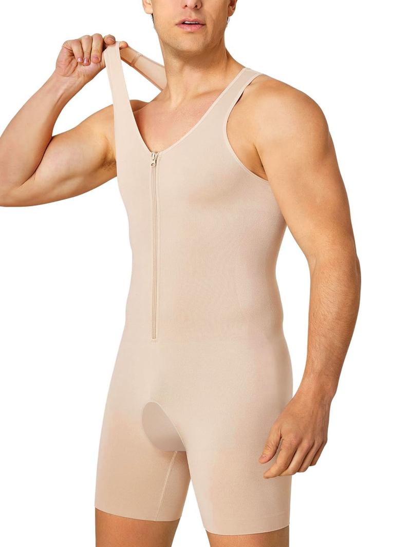 Men's Solid Zipper Bodysuit, Adjustable Zipper Shapewear, High Stretch Tummy Control Shapewear for Men, Compression Shirts Full Body Shapewear for Men
