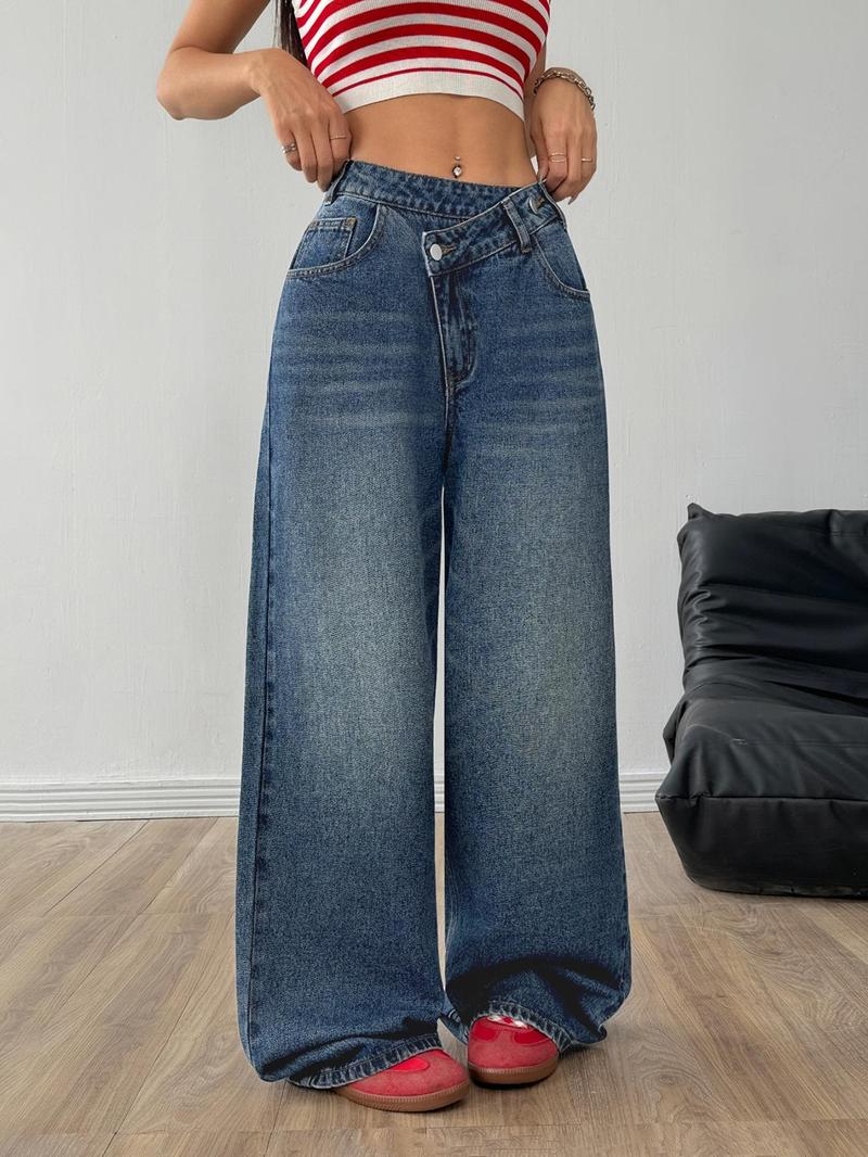 OBlue Jeans Women's Plain Asymmetrical Waist Button Baggy Stacked Jeans, Fashion Casual Denim Jeans for Daily Wear, Ladies Bottoms for All Seasons