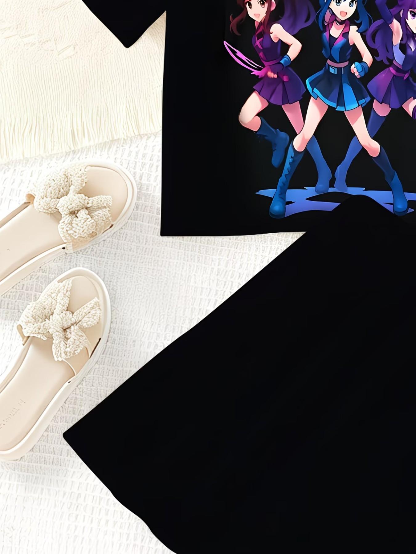 Girls' 3D Cartoon Print T-Shirt and Skirt Set, Casual Slim-Fitting Summer, Round Neck Short Sleeve, Daily Wear