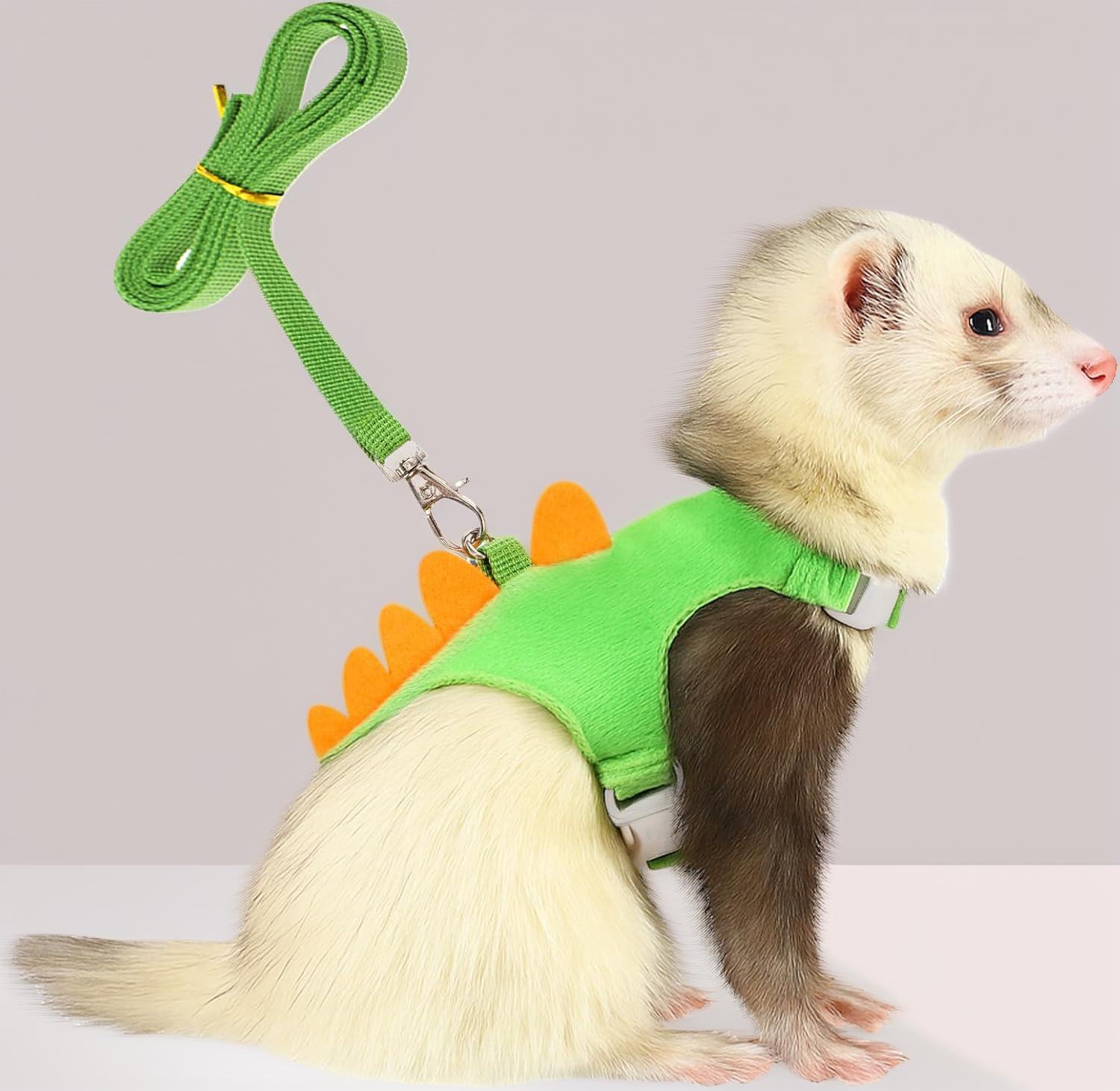 Escape-Proof Ferret Harness and Leash Set - Adjustable Vest with Dinosaur Bell & Soft Leash. Secure, Comfortable Walking Gear for Pet Ferrets, Safe for Outdoor Adventures