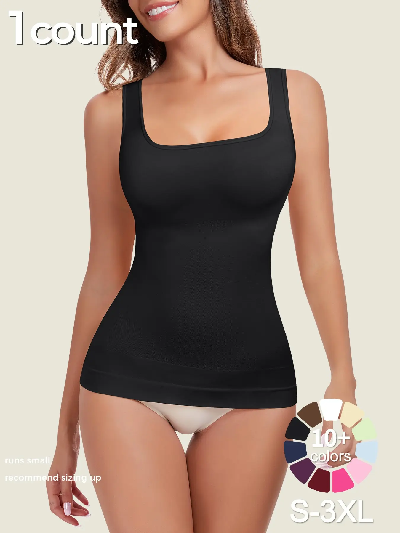 Women's Tummy Control Shapewear Tank Top Underwear, Basic Seamless Square Neck Breathable Smooth Comfy Compression Fit Top, Slimming Body Shapewear, Solid Backless Shaper