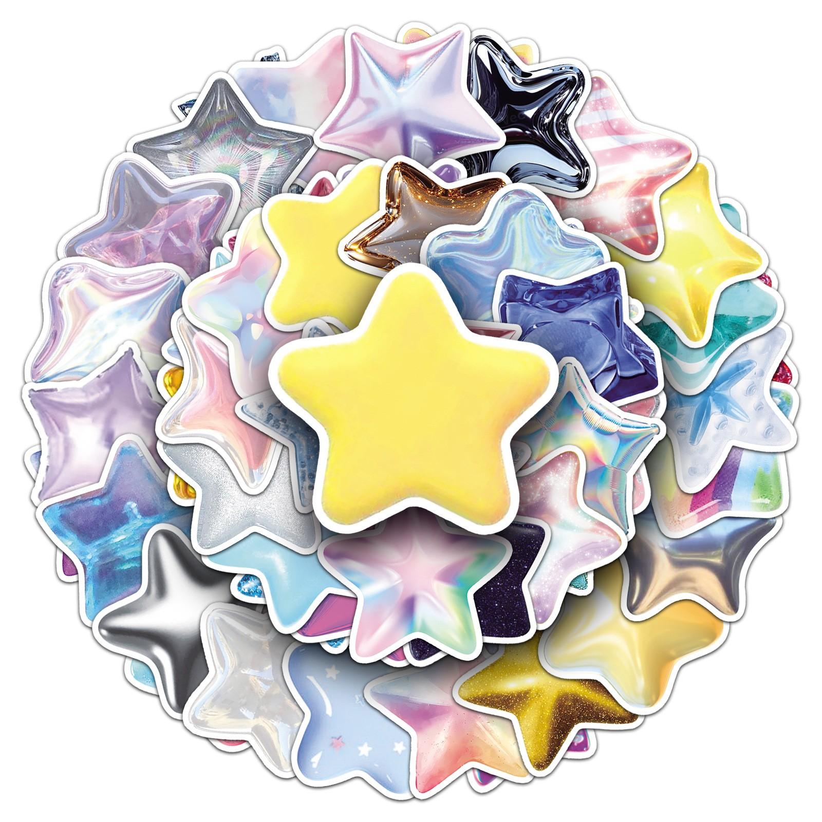 50pcs 3D Star Stickers, Holographic Glitter Star Waterproof Vinyl Decals, Cute Aesthetic Stickers for Laptop, Water Bottle, Luggage, DIY Scrapbook, Journal