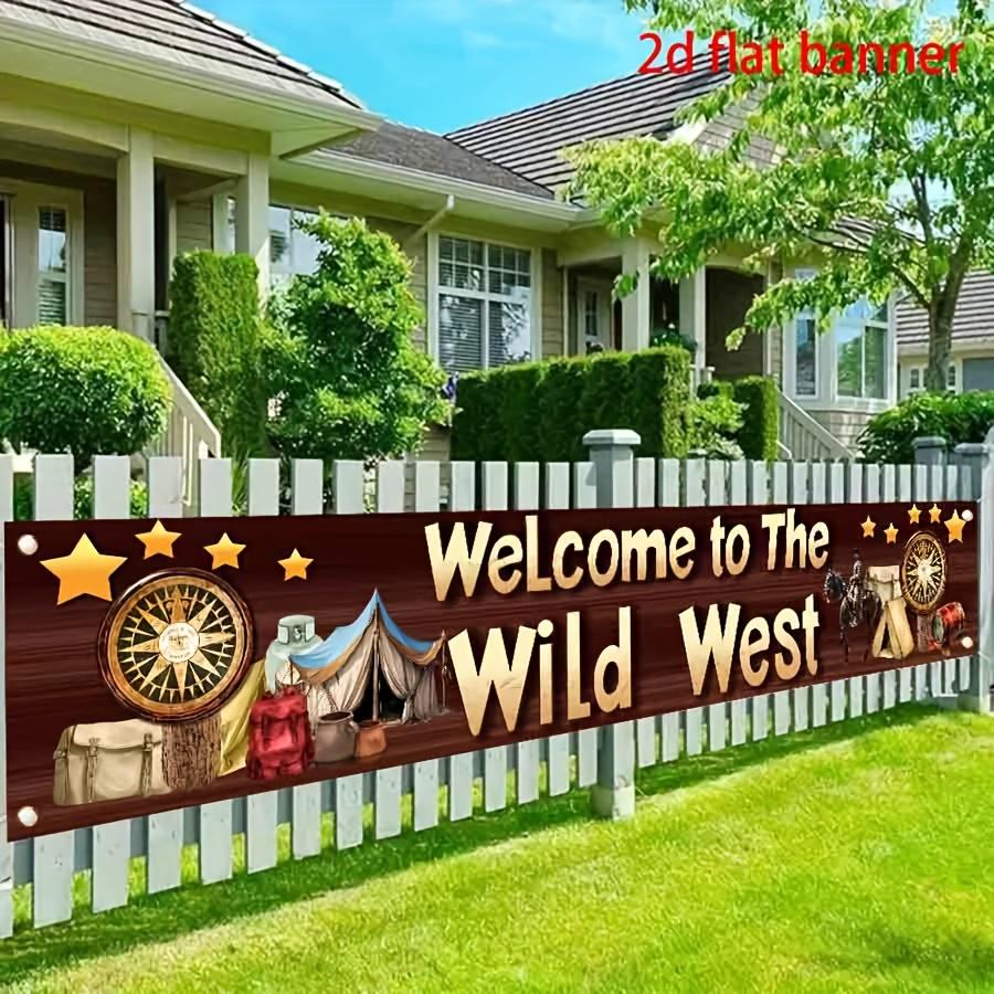 2DFlat1pc Western Cowboy Style Themed Banner Backdrop, With Vintage Wood Texture, Cowboy Tent & Compass Elements, Ideal for Western Themed Party, Cowboy Birthday, Camping Themed Event, Retro Tavern Decoration, Also as Wall Hanging or Photo Background,