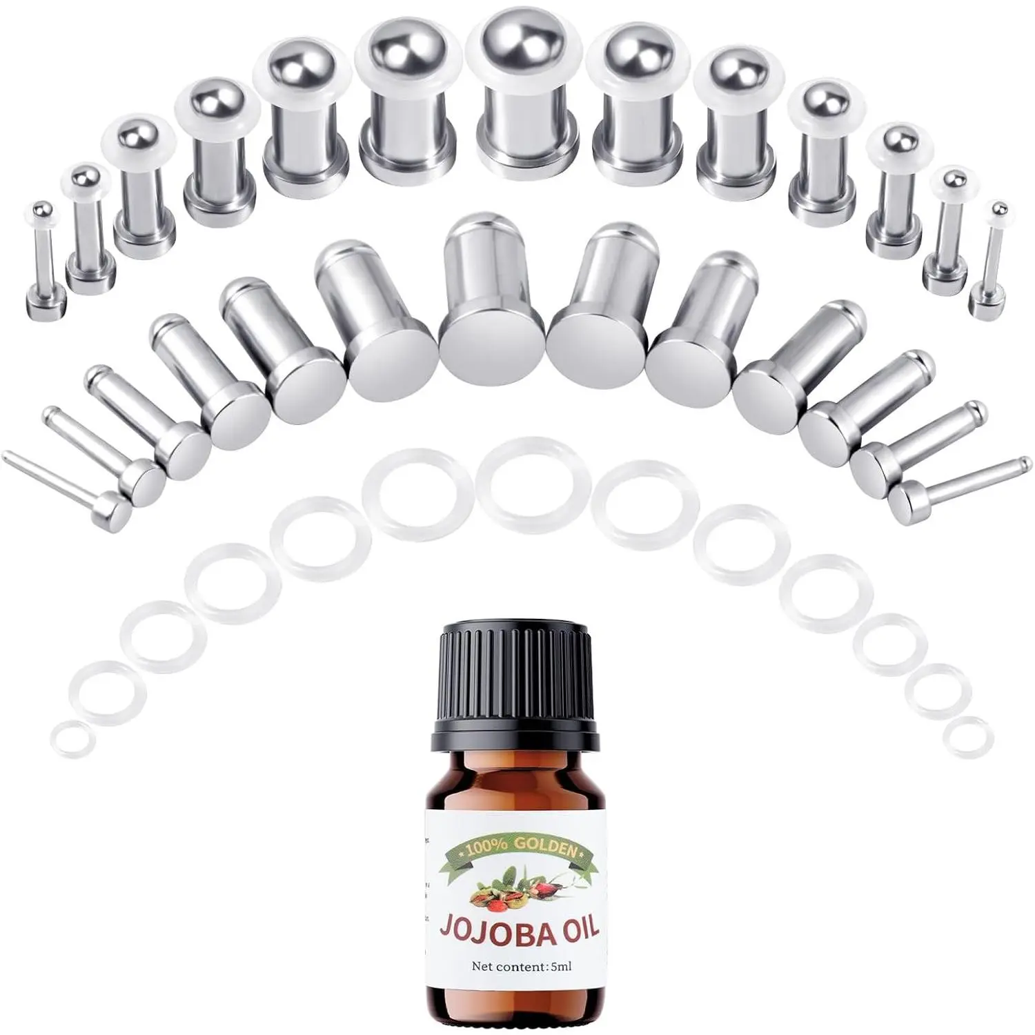 12-26Pcs Ear Stretching Kit 1-7mm/7.5-12mm Stainless Steel Plugs Gauges with O-Rings, Aftercare Jojoba Oil, Body Piercing Jewelry for Women MenGift