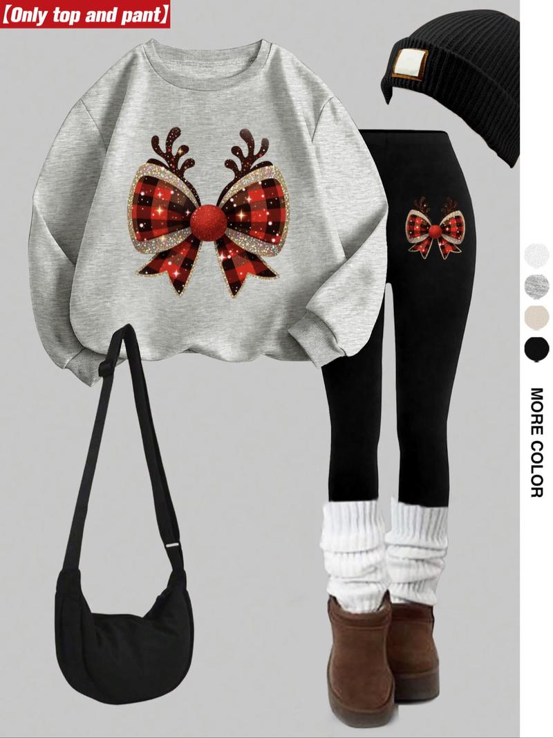 Women's Christmas Pattern Sweatshirt Set, Round Neck Long Sleeve Top, Long Pants, Casual Fall Winter, 2 Piece Set