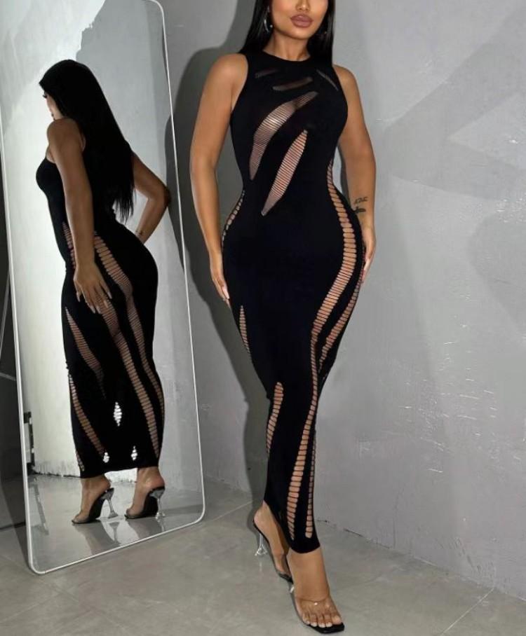 One size thin knitting Women's Black Sleeveless Striped Hollow Out Dress Formal Elegant Strapless Long Outfit for Girls