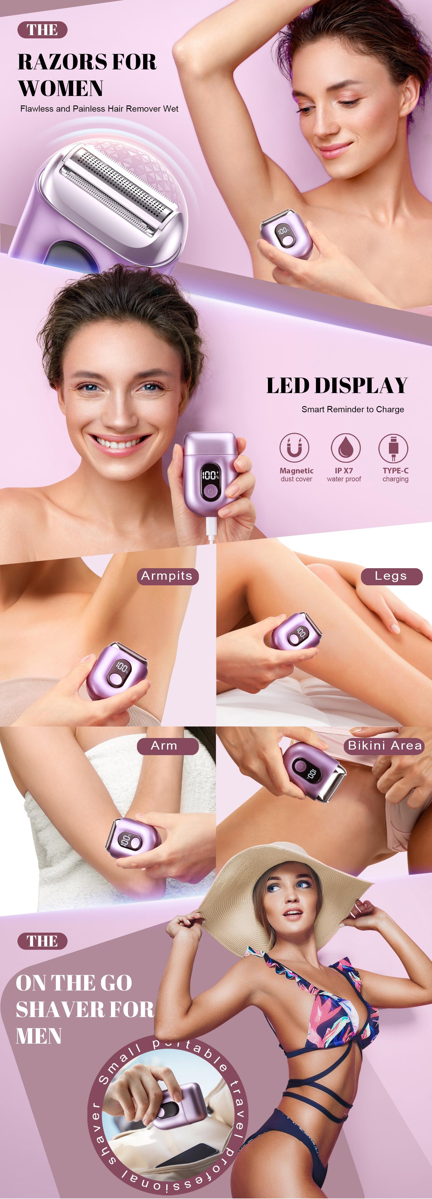 [TikTokShopStockUp]Cordless Electric Shaver for Women: Mini Electric Razors with LED Display - Rechargeable Bikini Trimmer - IPX7 Waterproof Wet Dry Face Razor for Body Public Leg Blue Pink Compact