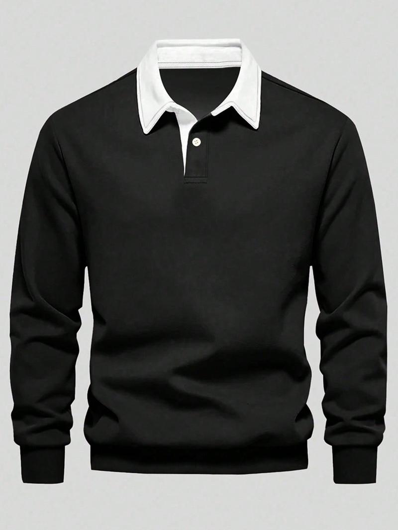 Men's Loose Fit Colorblock Collar Long Sleeve Polo Shirt, Casual Street Style, Fashionable Outdoor Sports Wear, All Seasons
