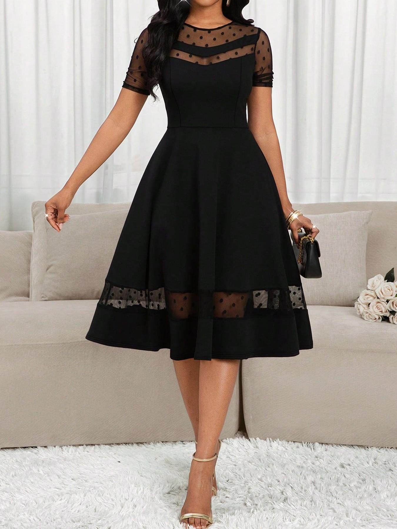 Spring Summer New Women's Elegant Solid Color Dress, Round Neck Short Sleeve Mesh Polka Dot Patchwork, Waist Cinched Slim Fit Midi Dress