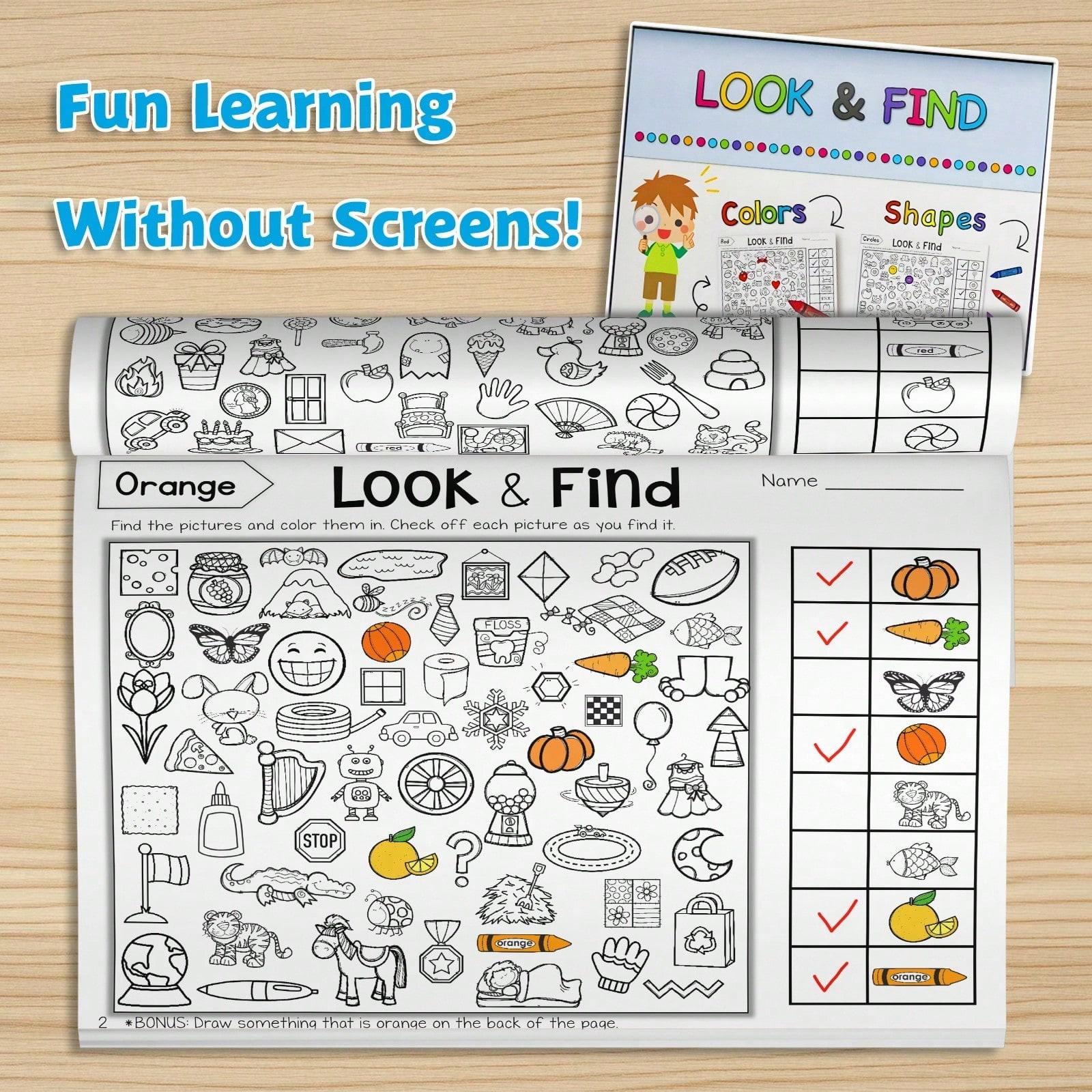 Look and Find Activity Workbook, Hidden Objects Search-and-Spot Pages, Alphabet / Objects / Colors & Shapes Themes, Visual Scanning and Observation Practice, Checklist Challenges, Screen-Free Puzzle Fun, Clear Worksheets for Daily Practice